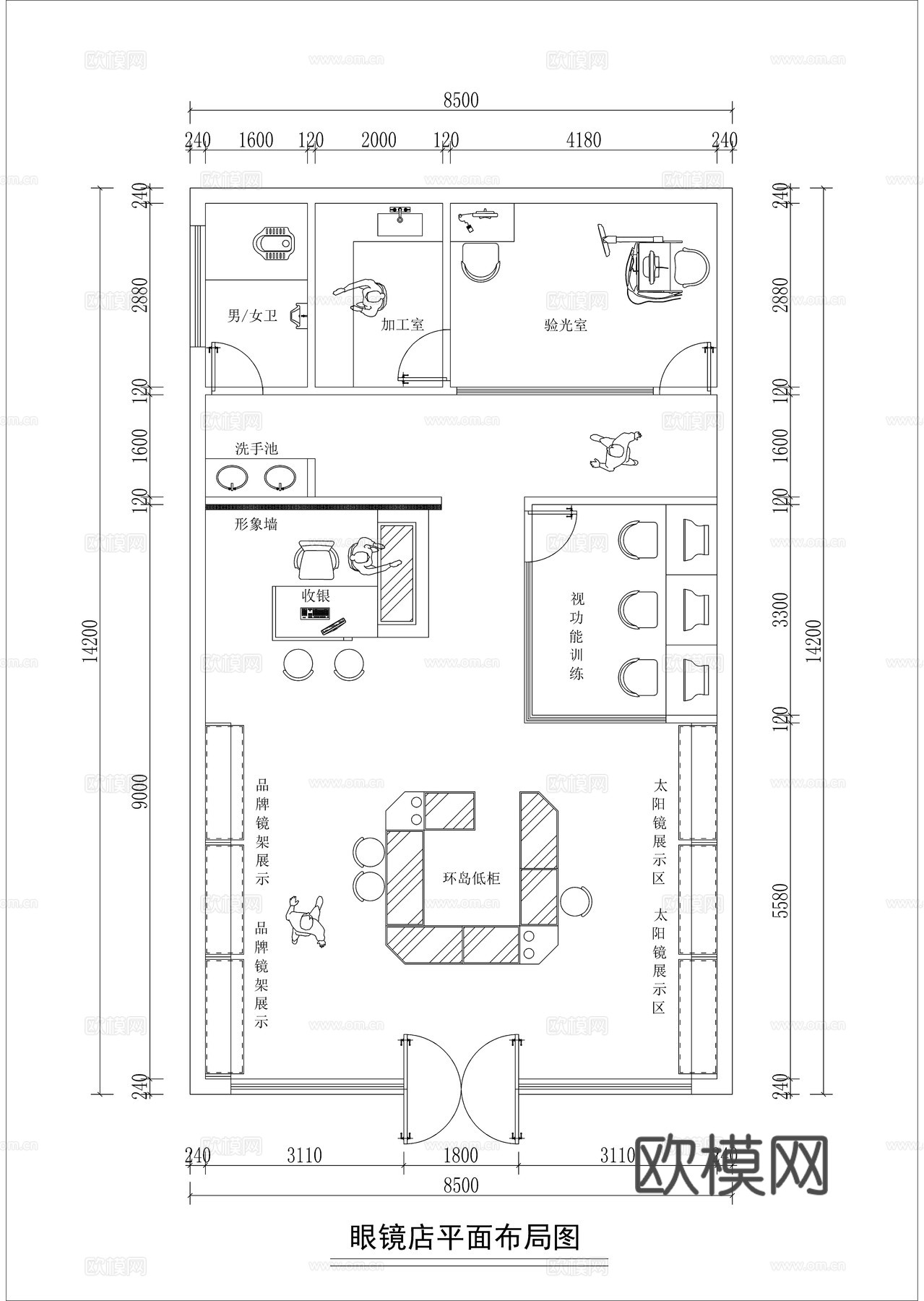 现代眼镜店平面布置图cad施工图