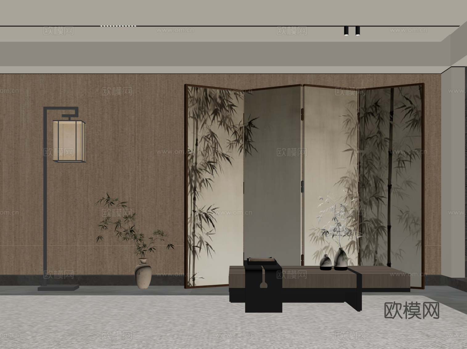 新中式壁画屏风 隔断su模型
