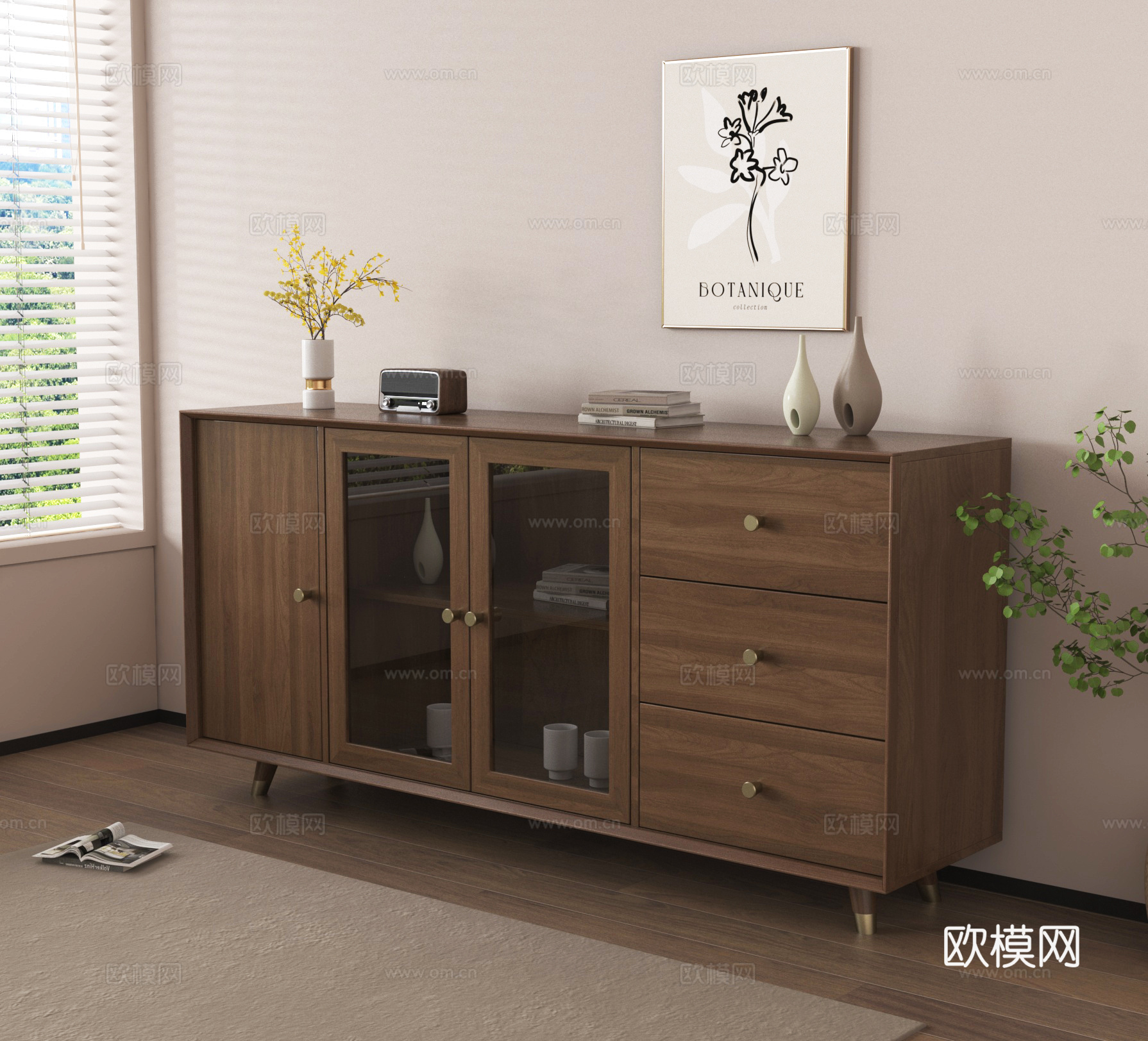 复古餐边柜 矮柜 装饰柜 摆件 挂画3d模型下载