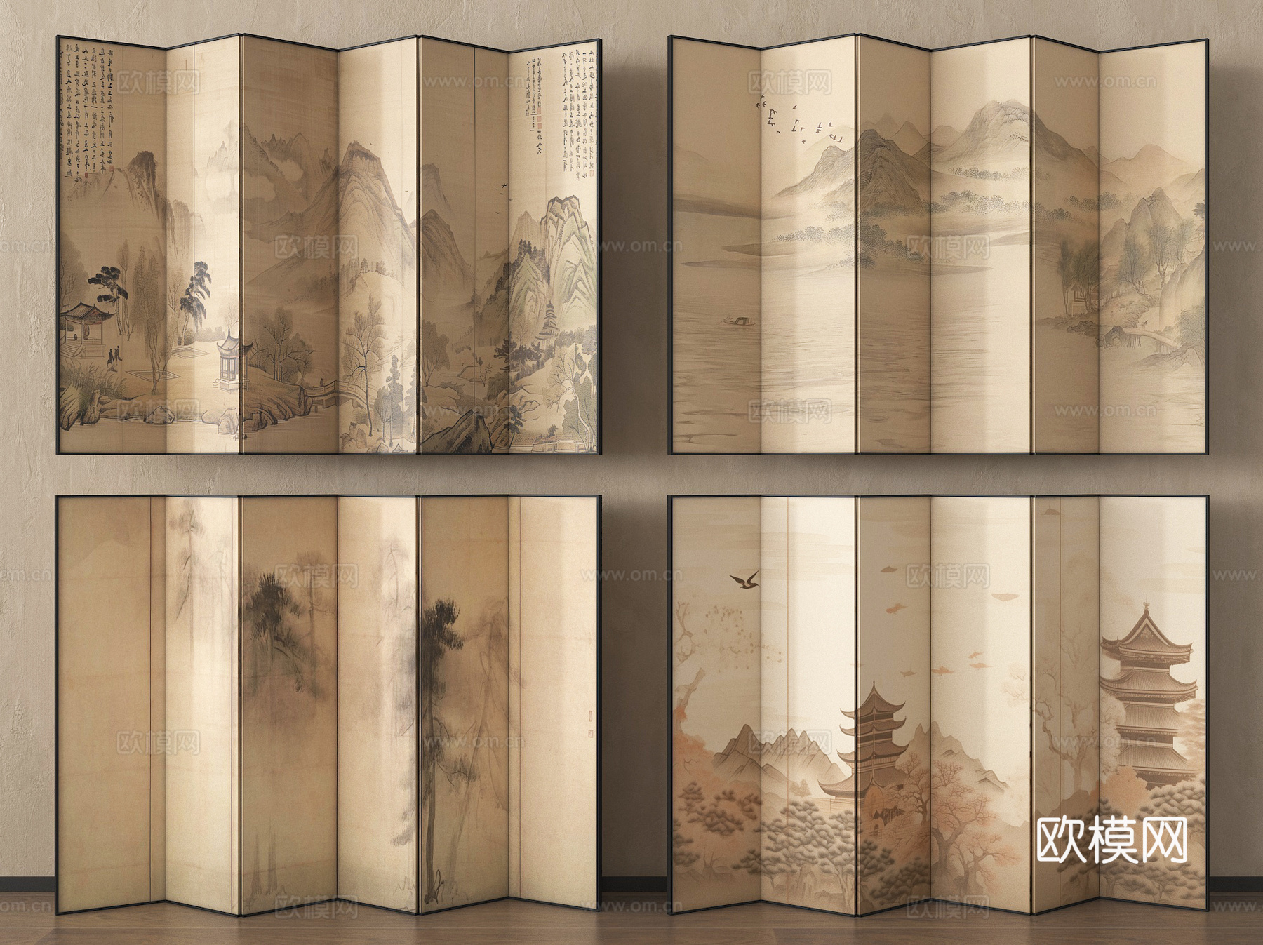 新中式屏风 木屏风 屏风隔断 可折叠屏风3d模型下载