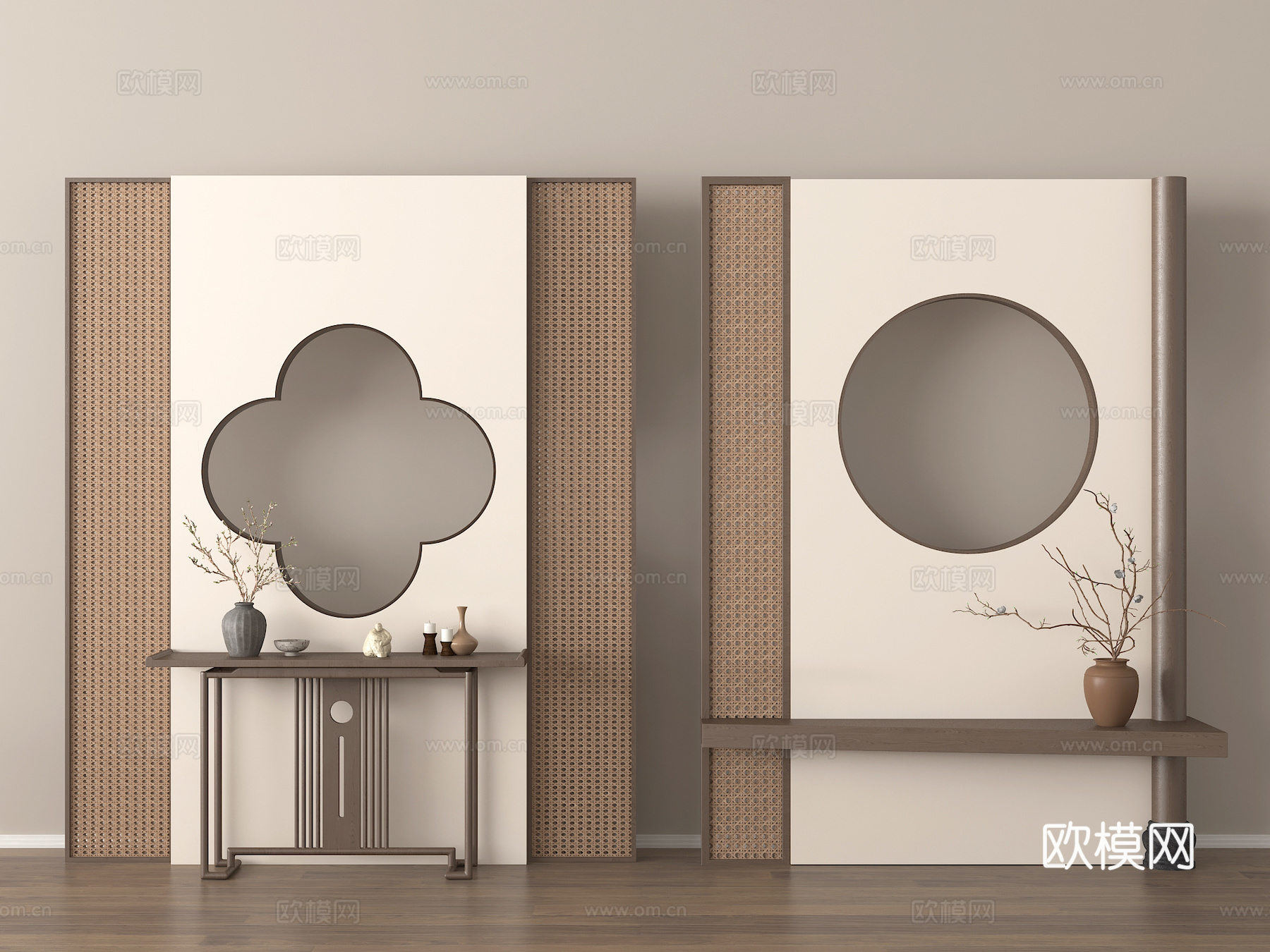 侘寂隔断 木隔断 藤编隔断 玄关隔断 条案3d模型下载