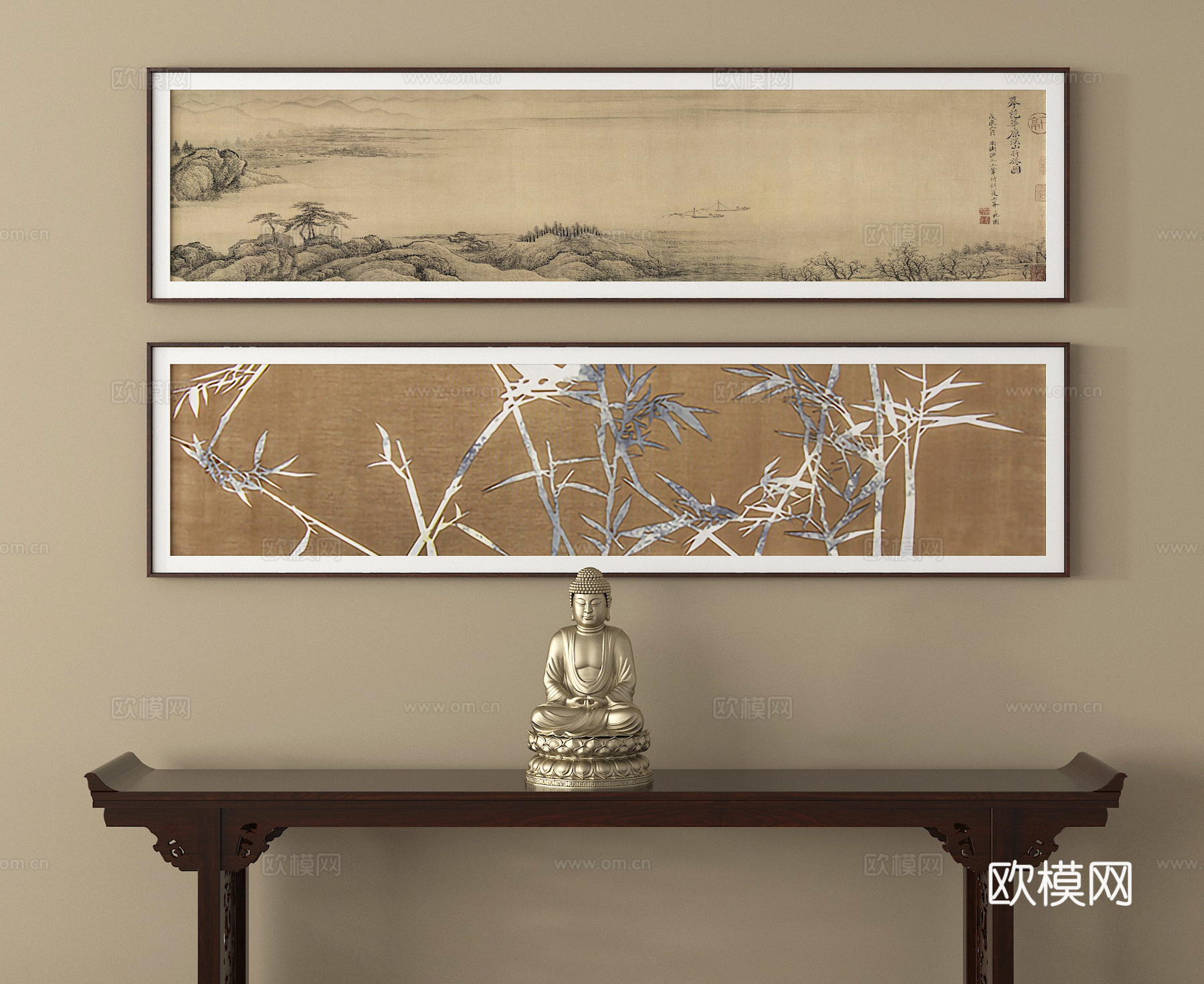 新中式挂画 条案 摆件su模型