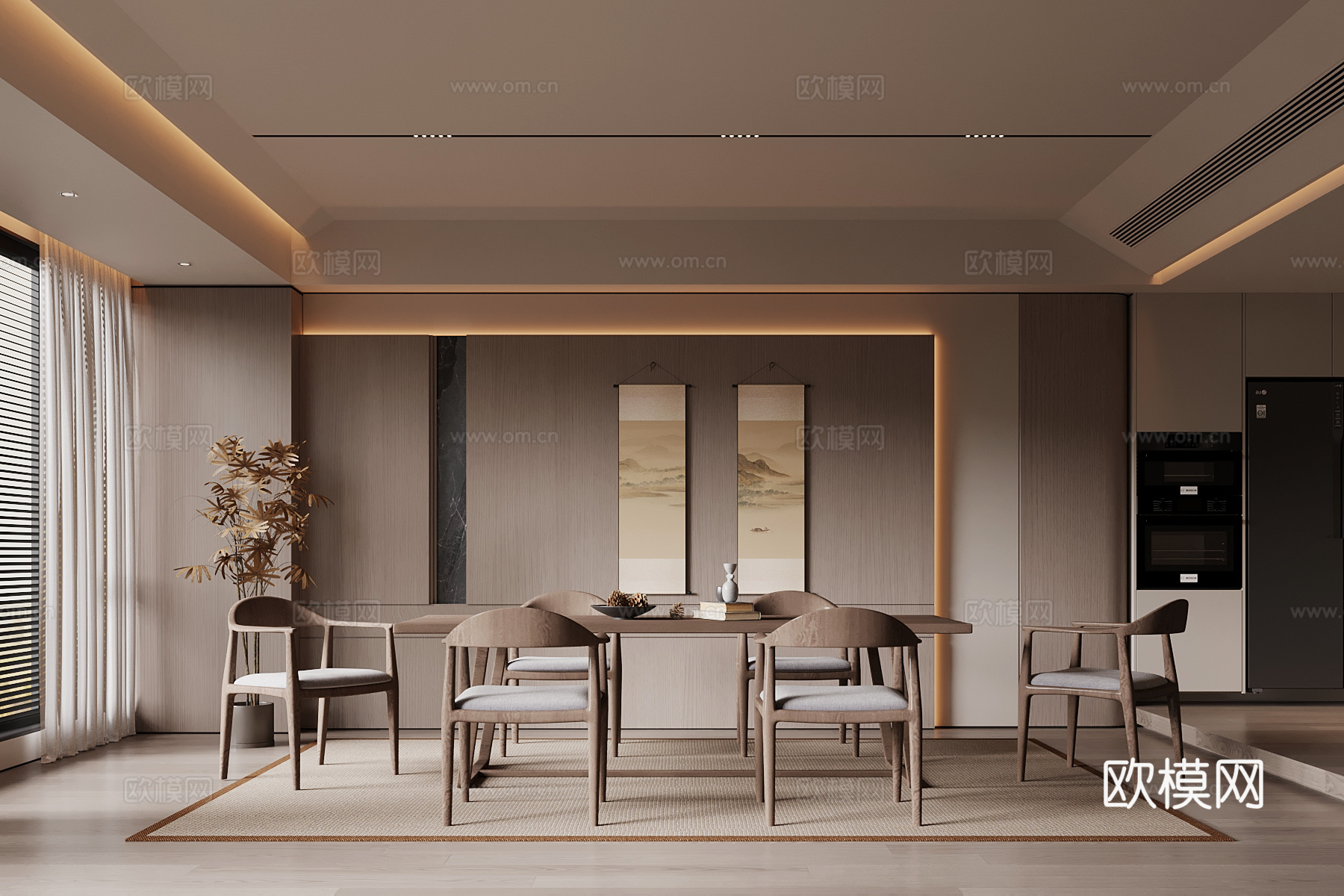 新中式餐厅 餐桌椅 背景墙su模型