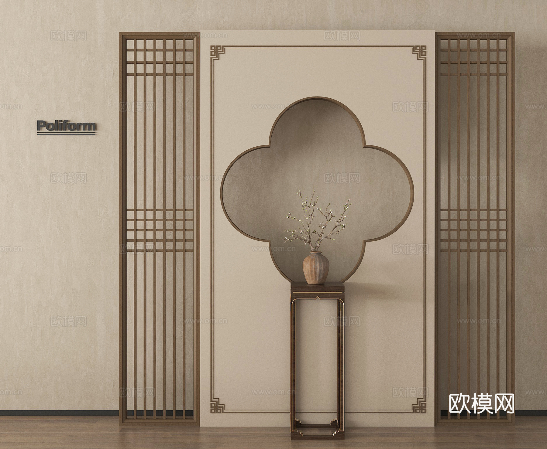 新中式隔断 屏风 玄关隔断 条案su模型
