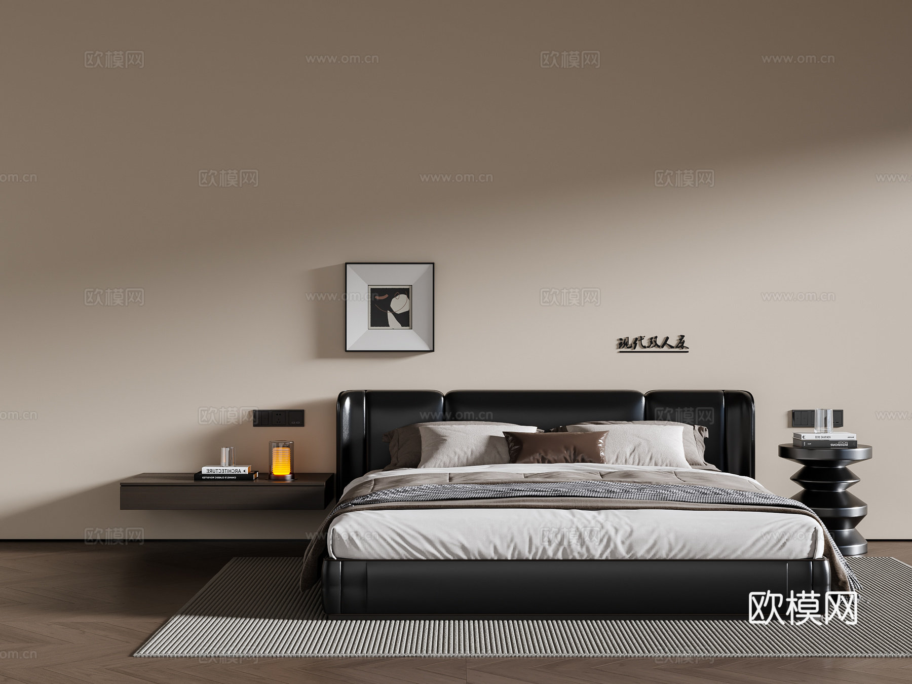 现代意式双人床 皮质双人床 床头柜 挂画 地毯3d模型下载