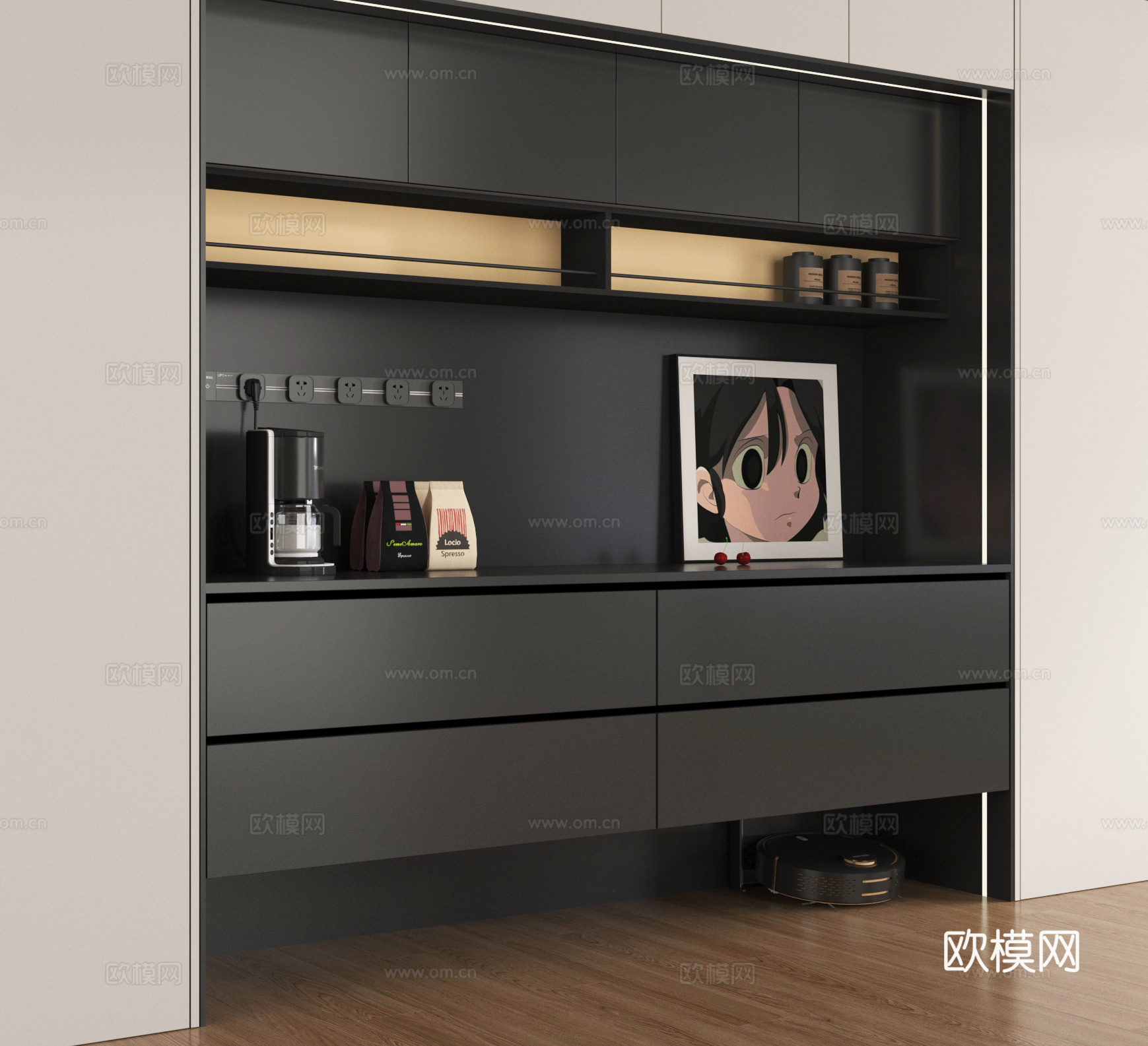 现代餐边柜 茶水柜 吊柜su模型