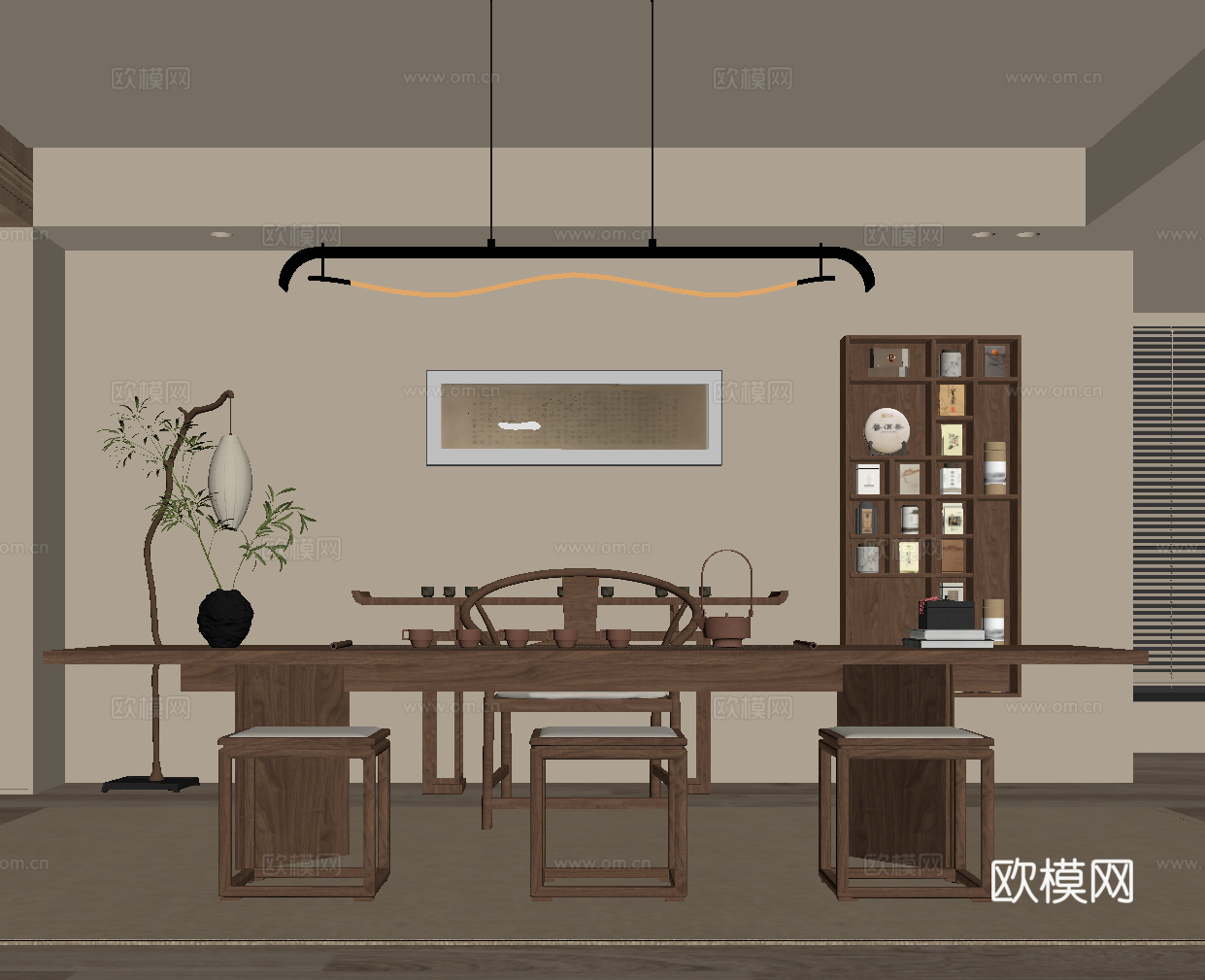 新中式茶室 茶桌椅 茶柜su模型