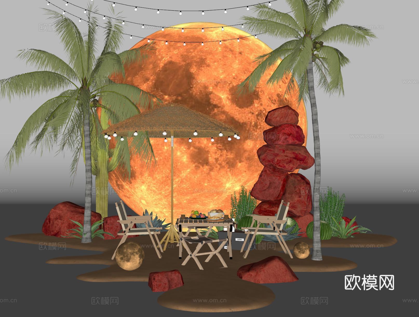 现代露营风植物造景 露营风造景装置 景观植物 露营椅su模型