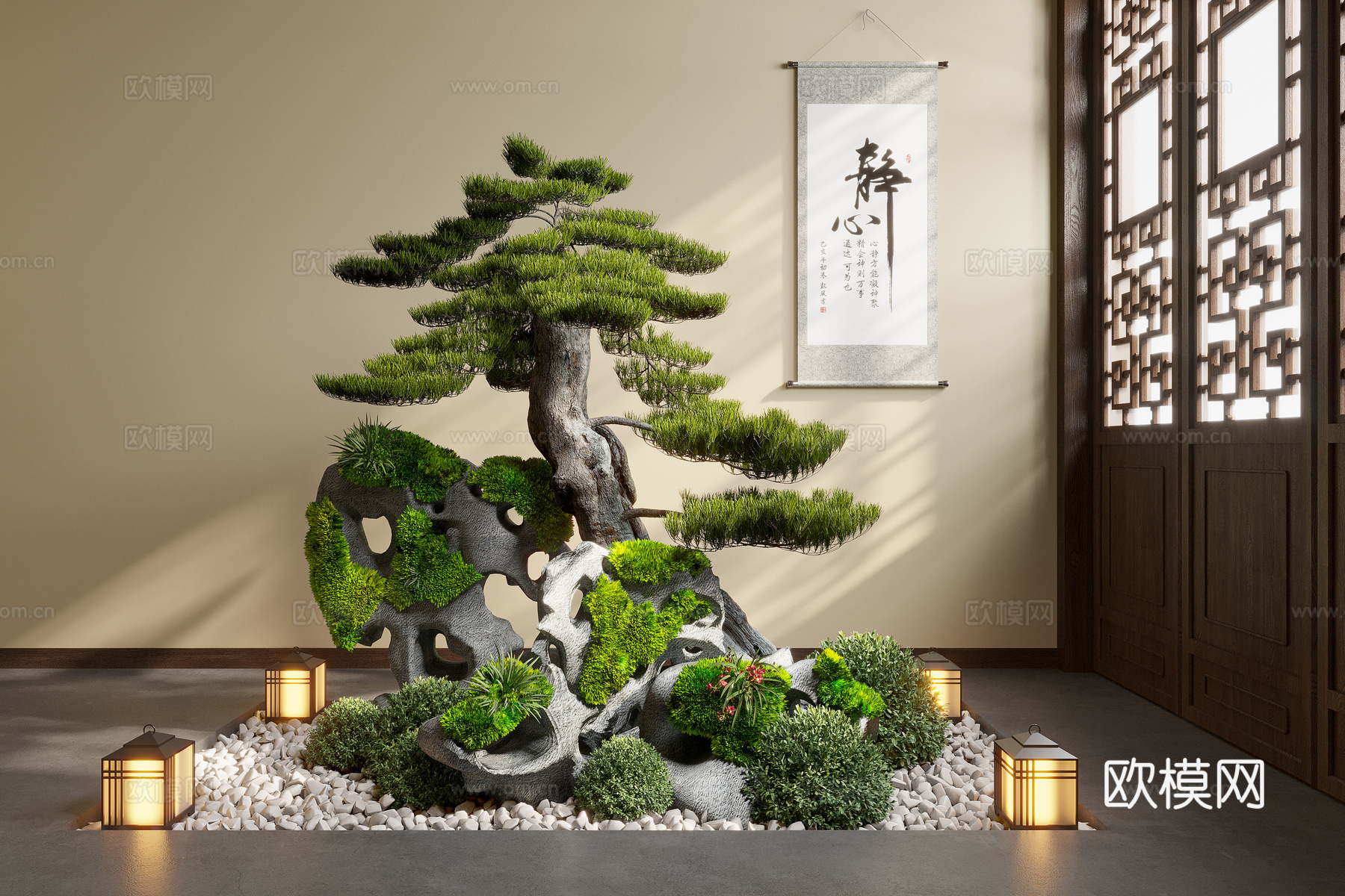 新中式室内景观 景观小品 植物造景 植物堆 景观植物su模型