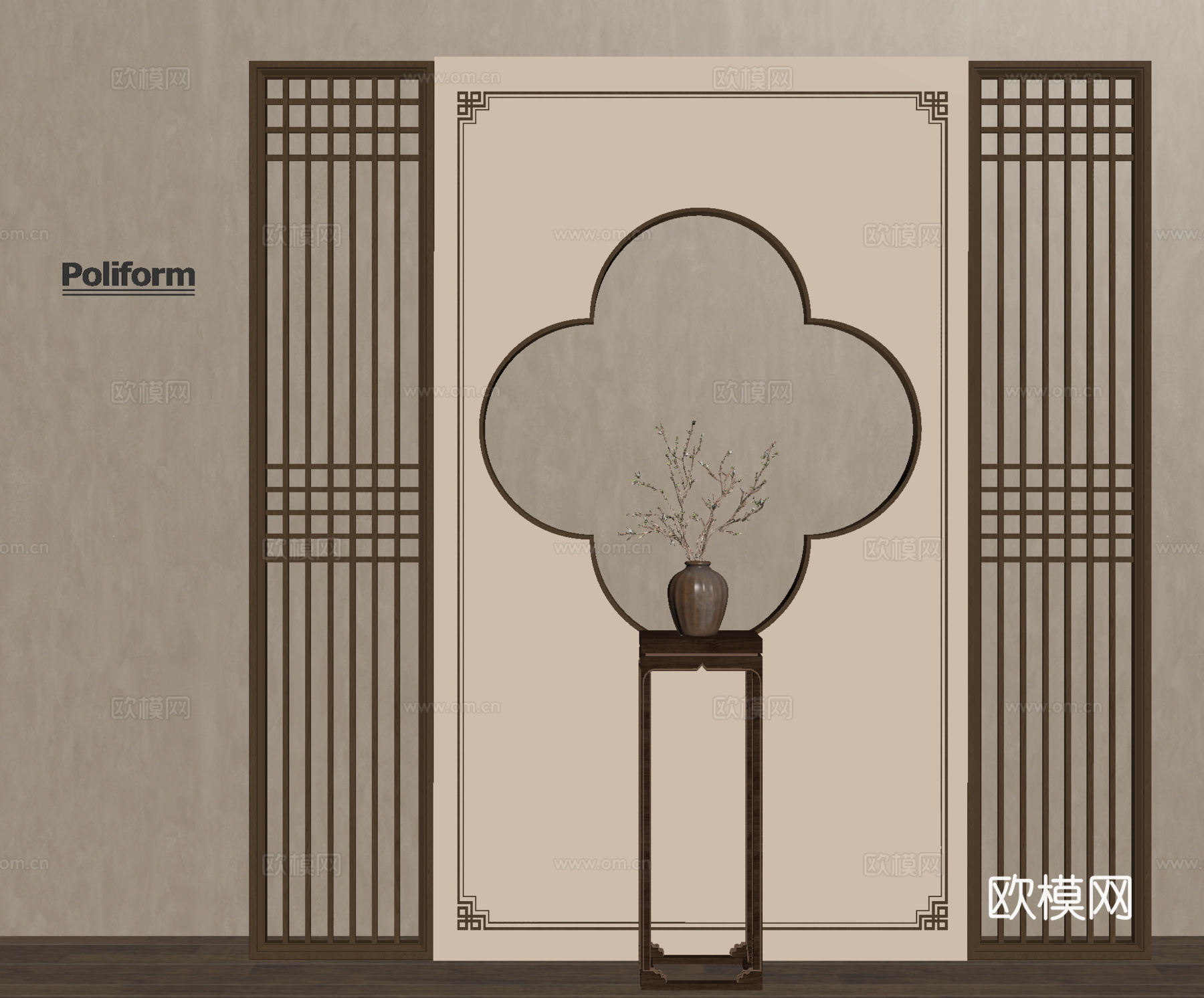 新中式隔断 屏风 玄关隔断 条案su模型