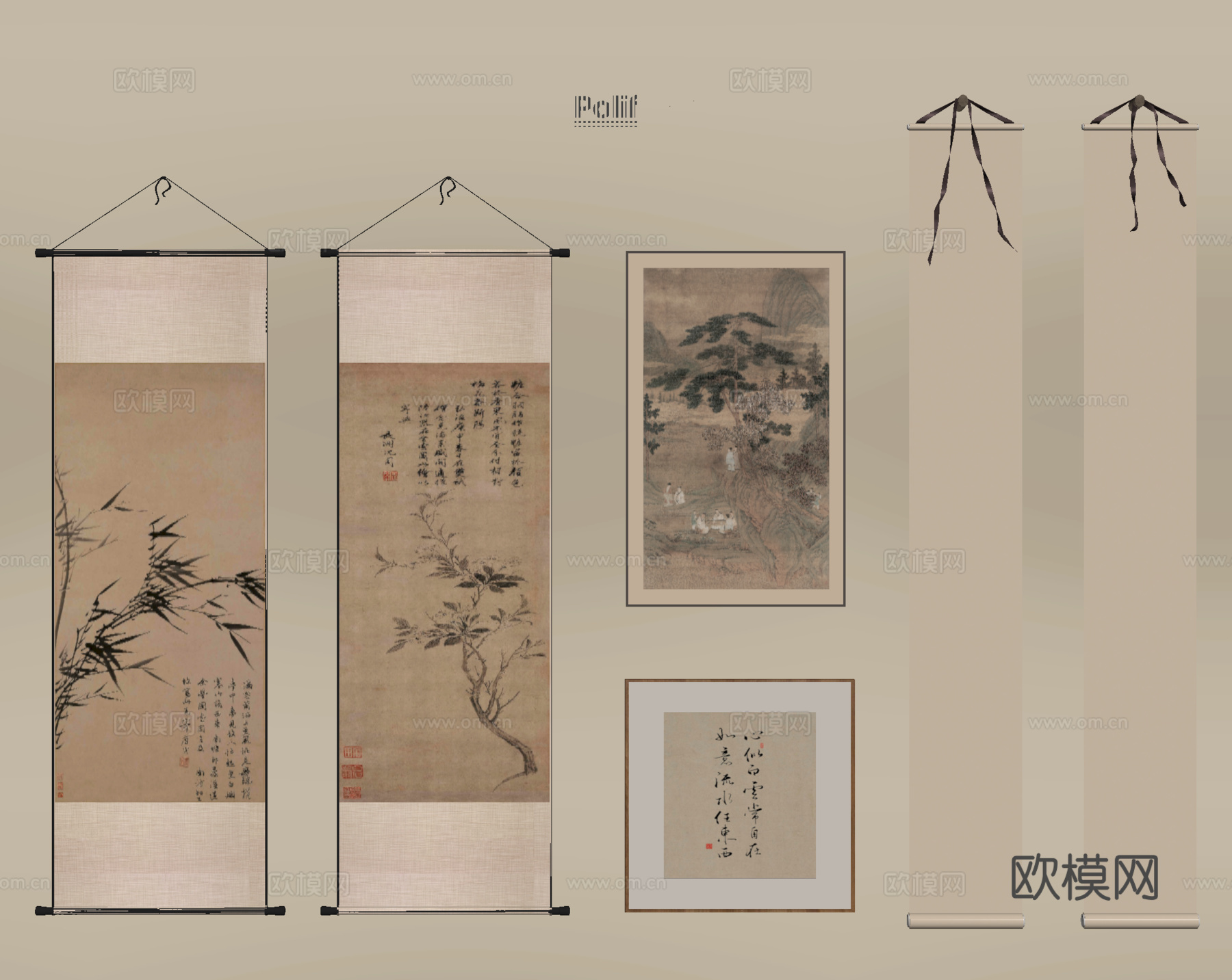 新中式挂画组合 宋式挂画 字画 画卷 装饰画su模型