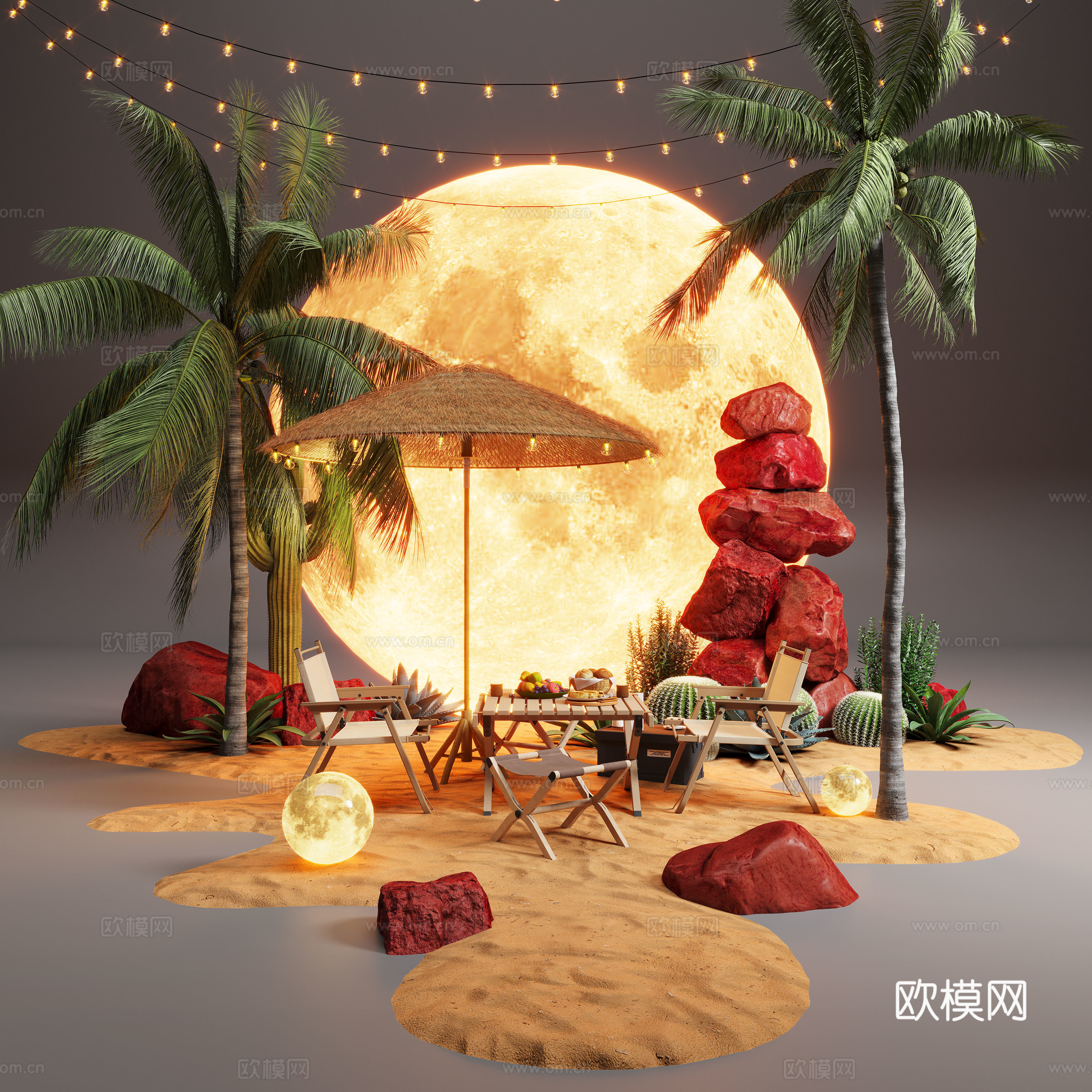 现代露营风植物造景 露营风造景装置 景观植物 露营椅3d模型下载