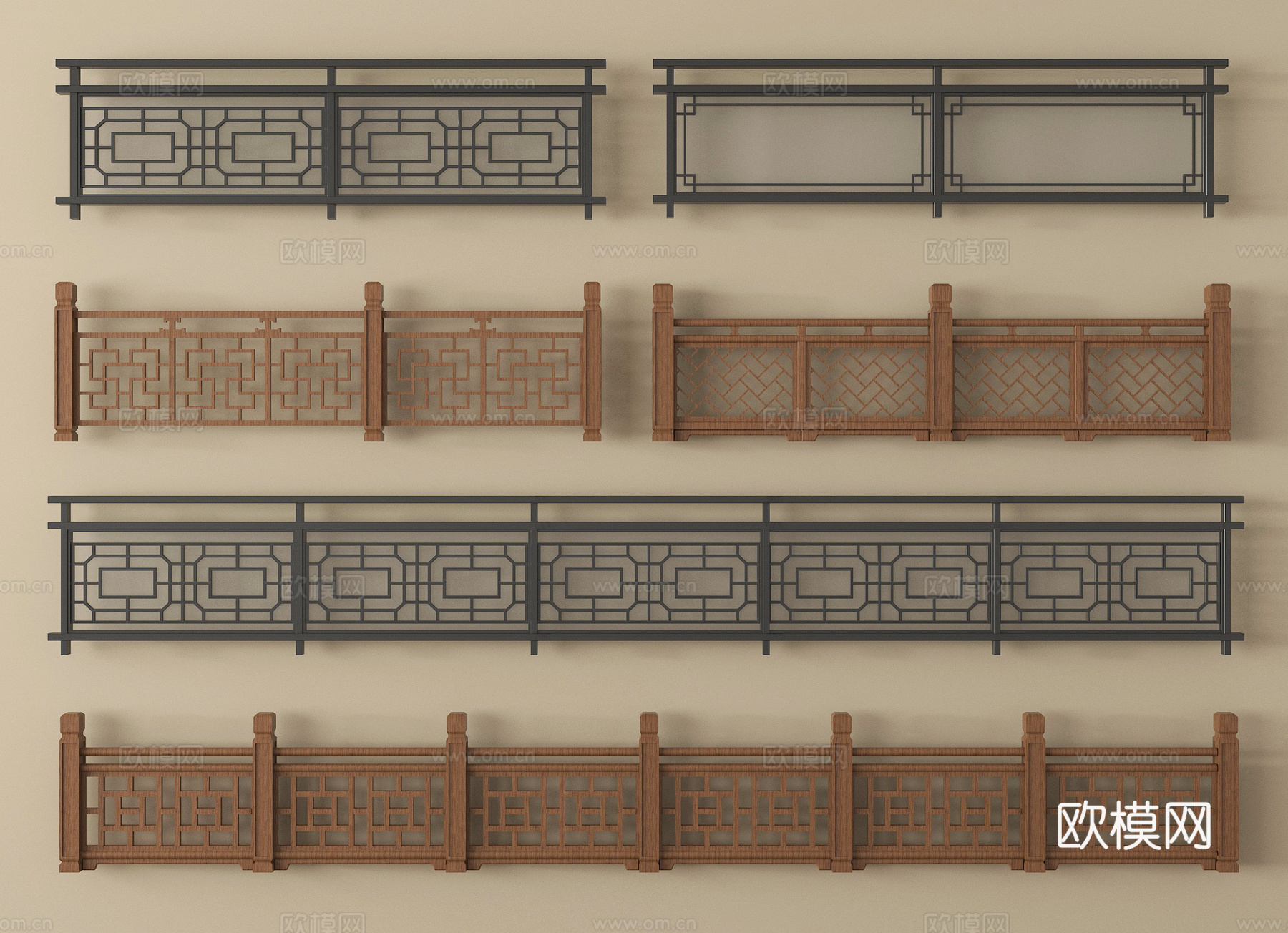 新中式围栏护栏 实木栏杆 扶手3d模型下载