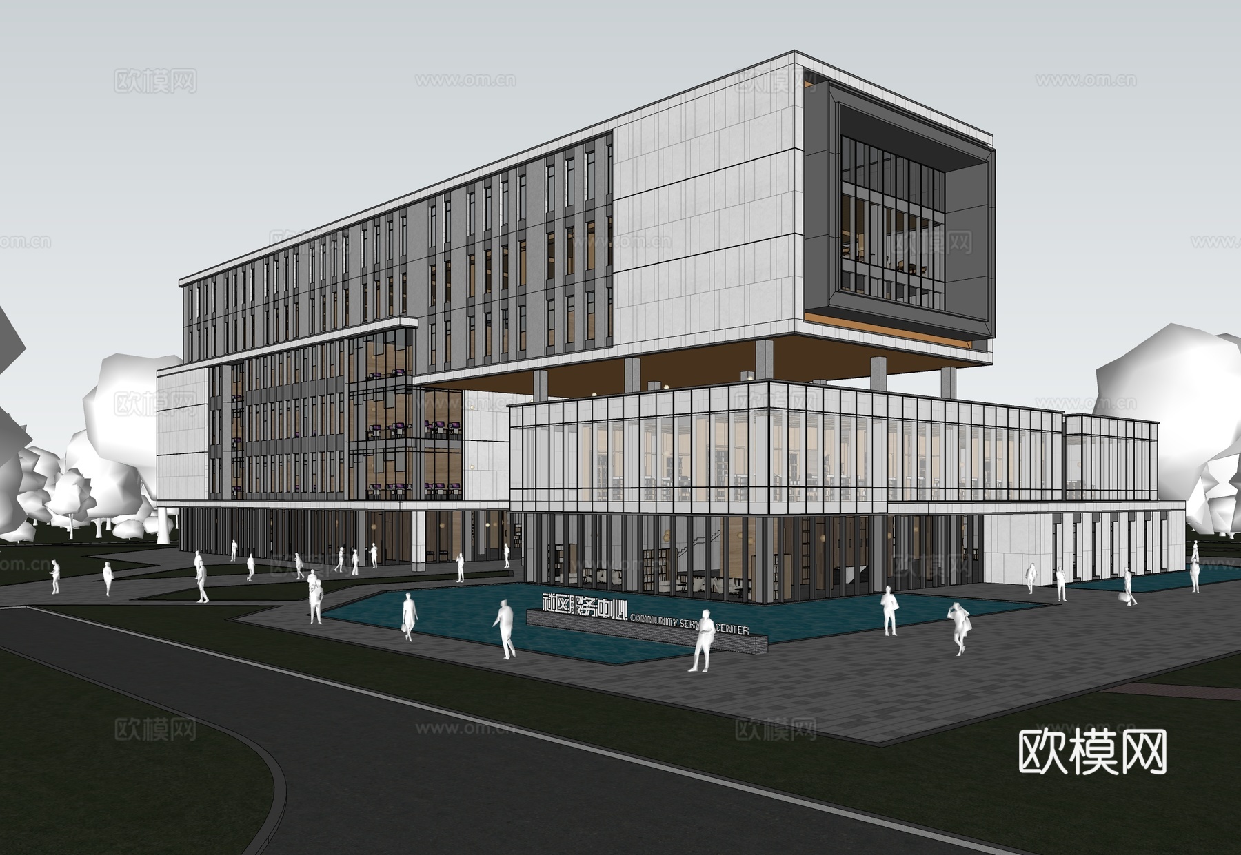 现代社区活动中心建筑 社区服务中心 办公建筑su模型