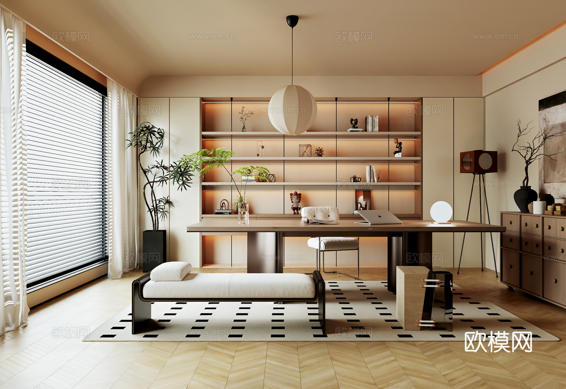 现代中古风书房 书柜 书桌椅 边柜 装饰画su模型