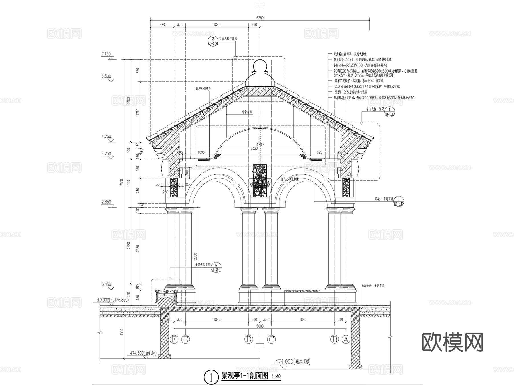 欧式新古典六角景观亭CAD施工图+SU模型cad施工图