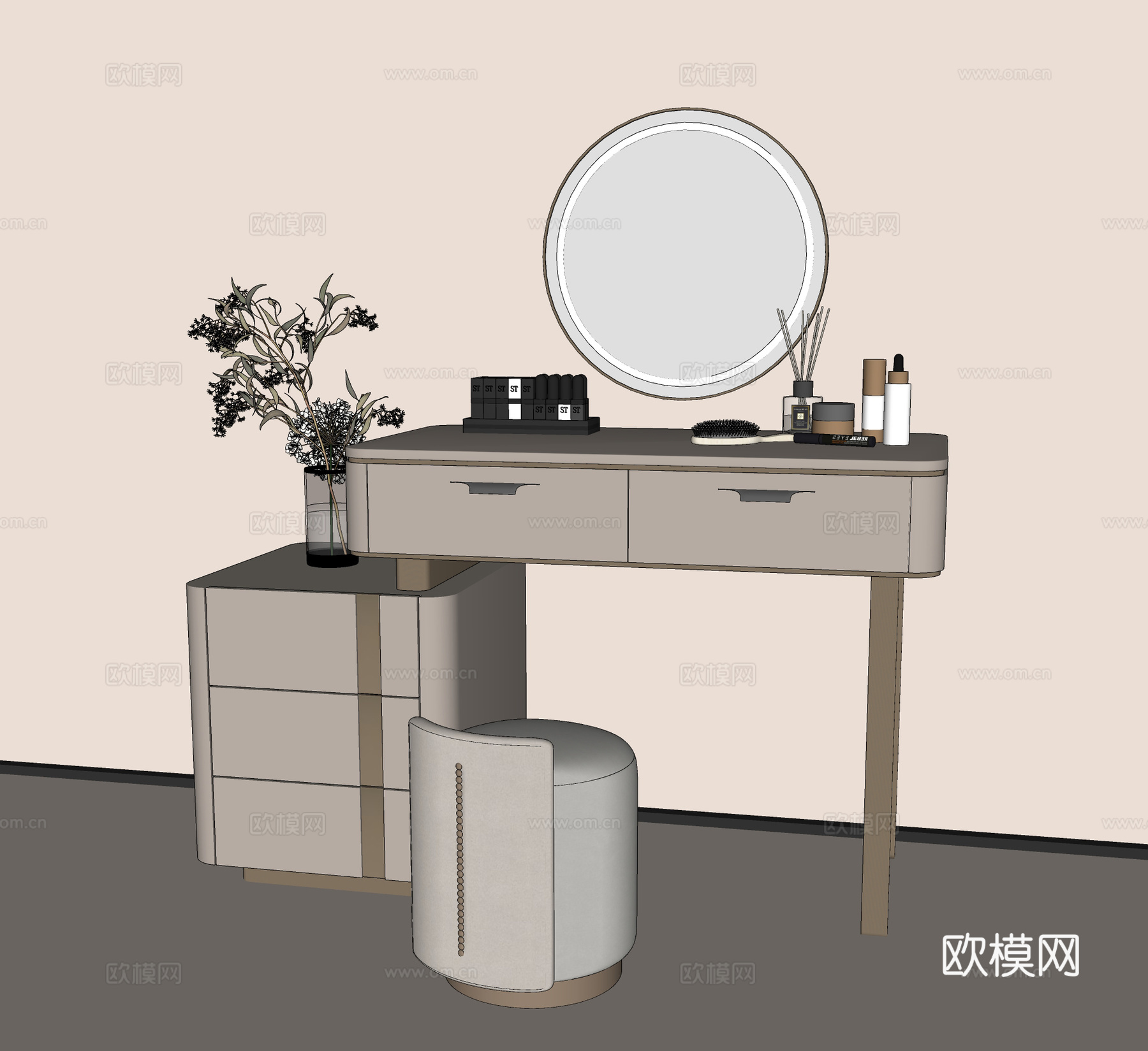梳妆台 化妆品 镜子 凳子 首饰su模型