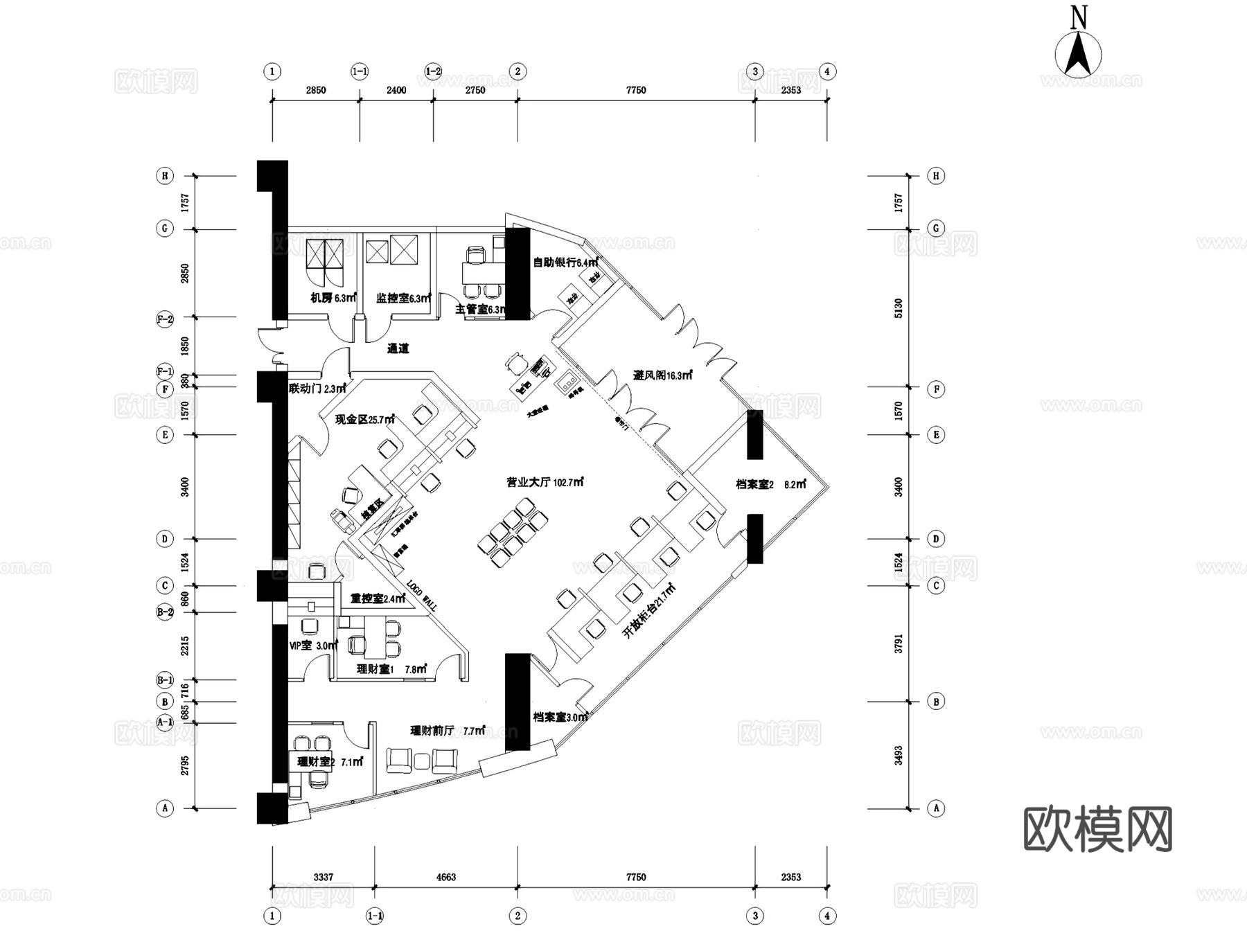 厦门国际银行丰台支行室内装饰CAD施工图全套cad施工图