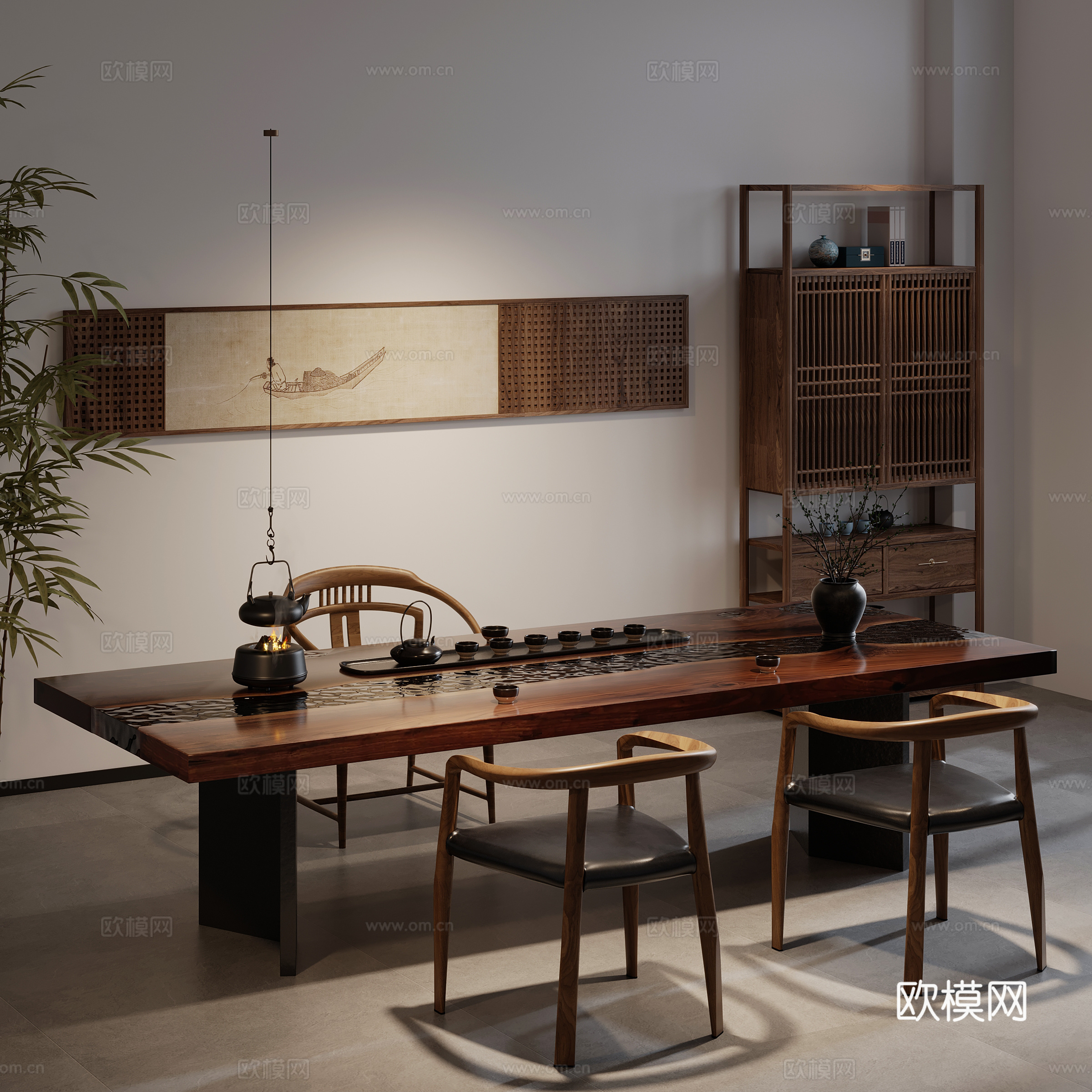 新中式茶室 茶桌椅 茶台 博古架su模型
