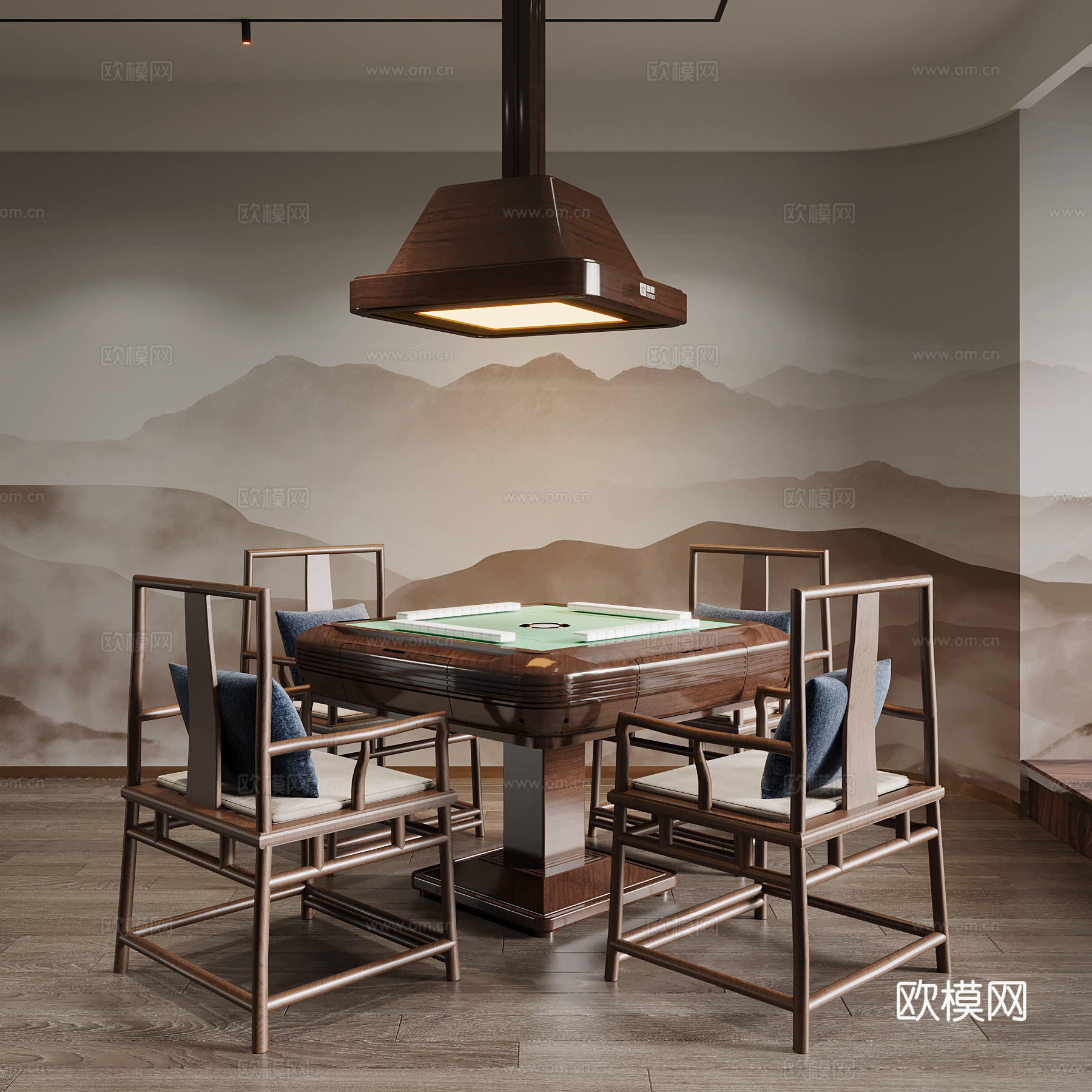 新中式棋牌室 麻将房 娱乐桌su模型