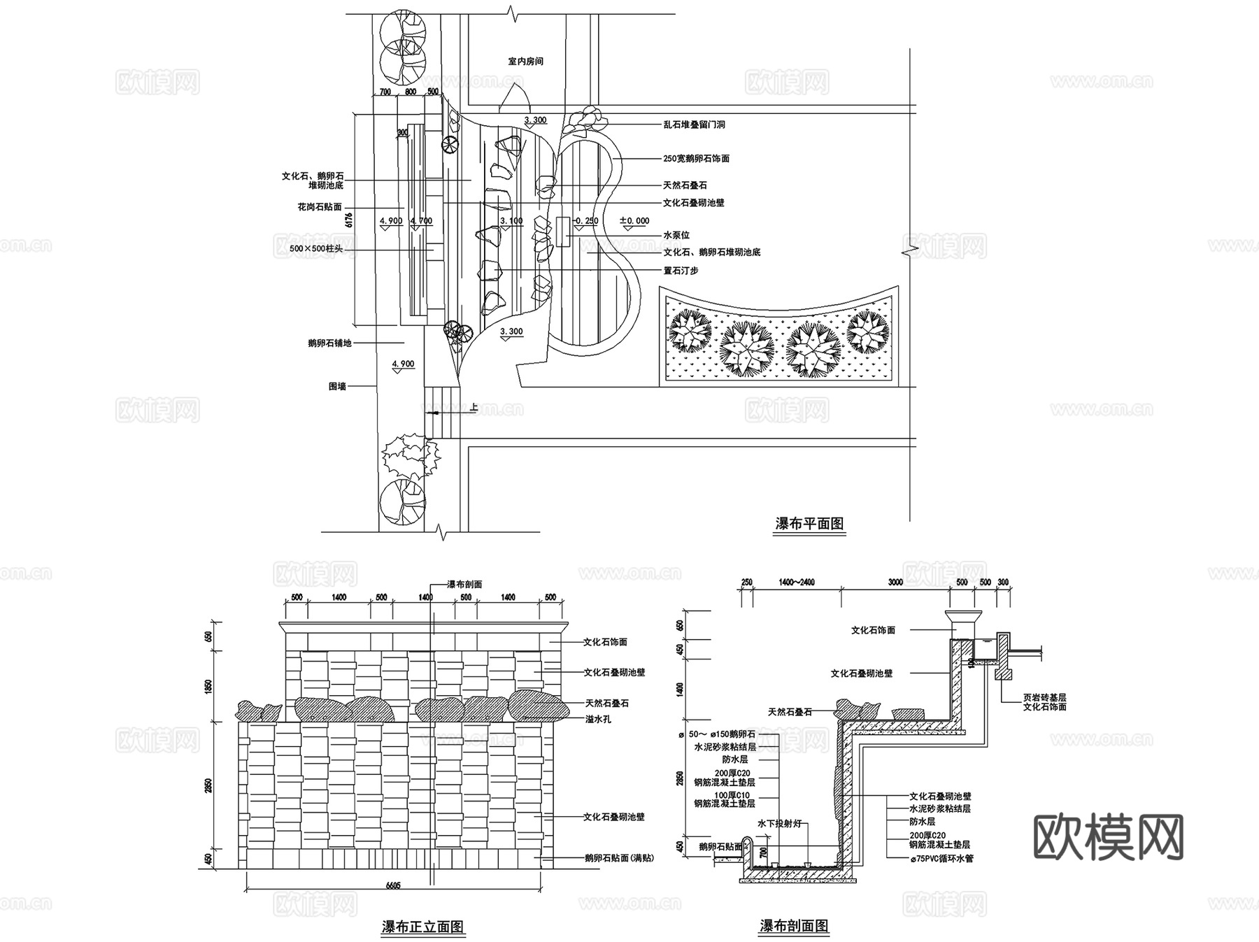瀑布水帘水幕景观水景节点CAD施工图集 7套cad施工图