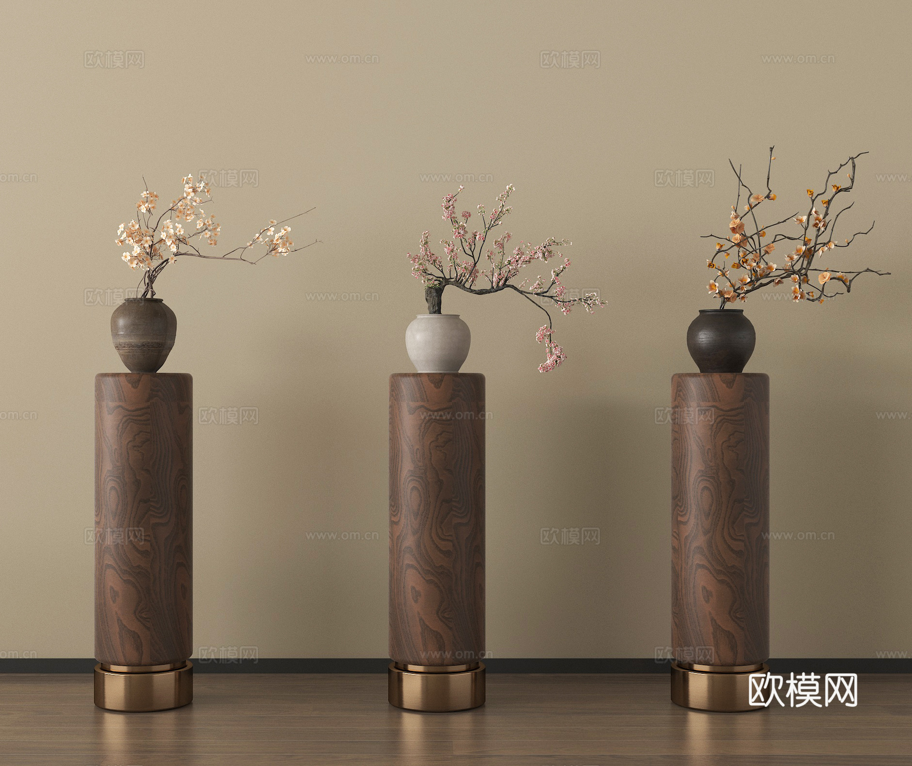 新中式花瓶花艺 花几 陶罐su模型