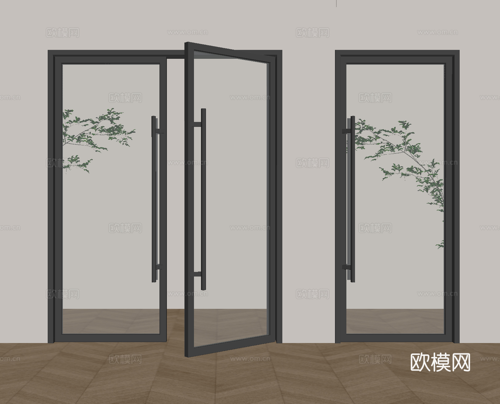 现代双开玻璃门 单开玻璃门 办公室玻璃门su模型