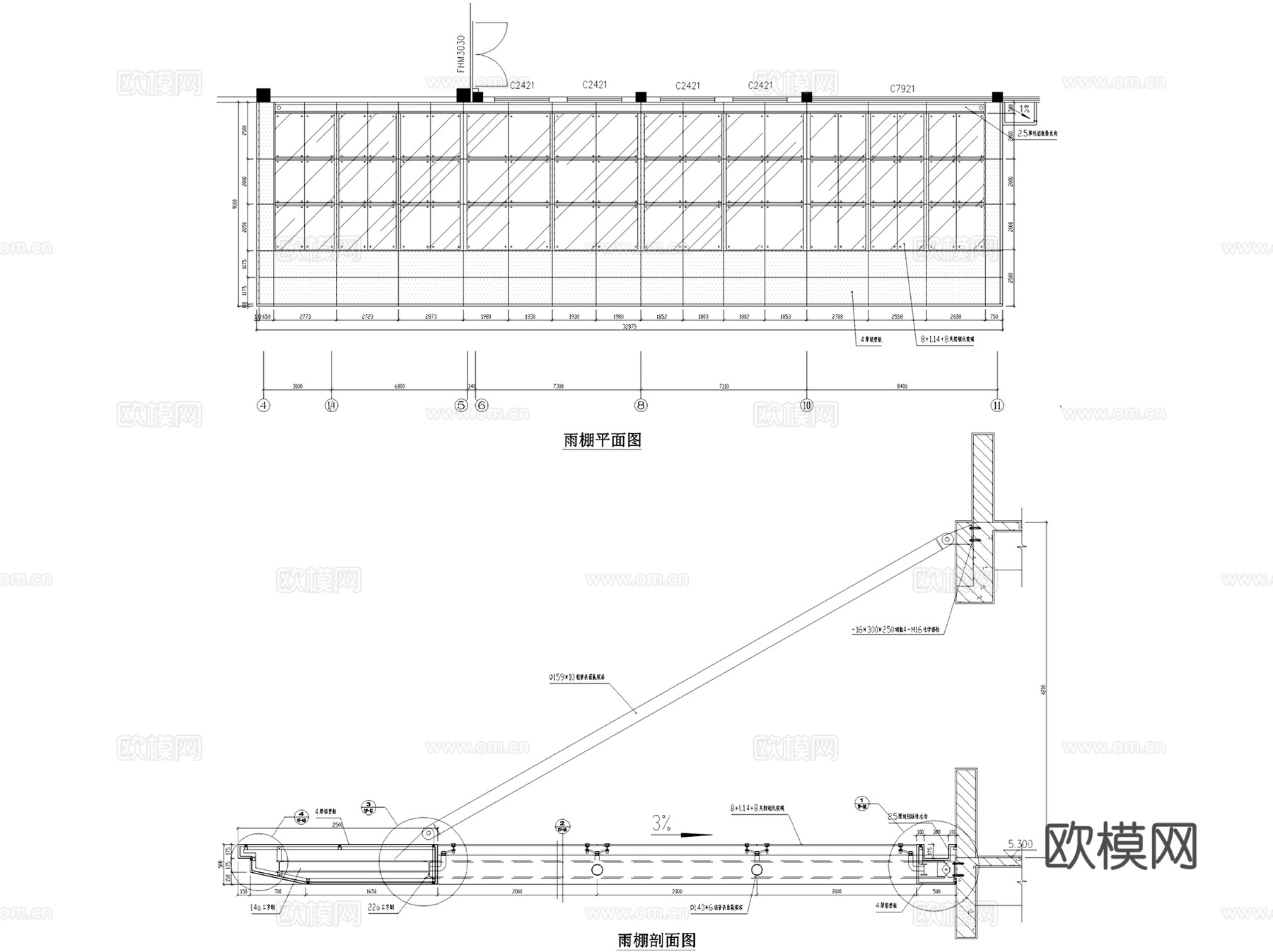 入口门头遮雨棚雨篷节点大样CAD施工详图集 15套cad施工图