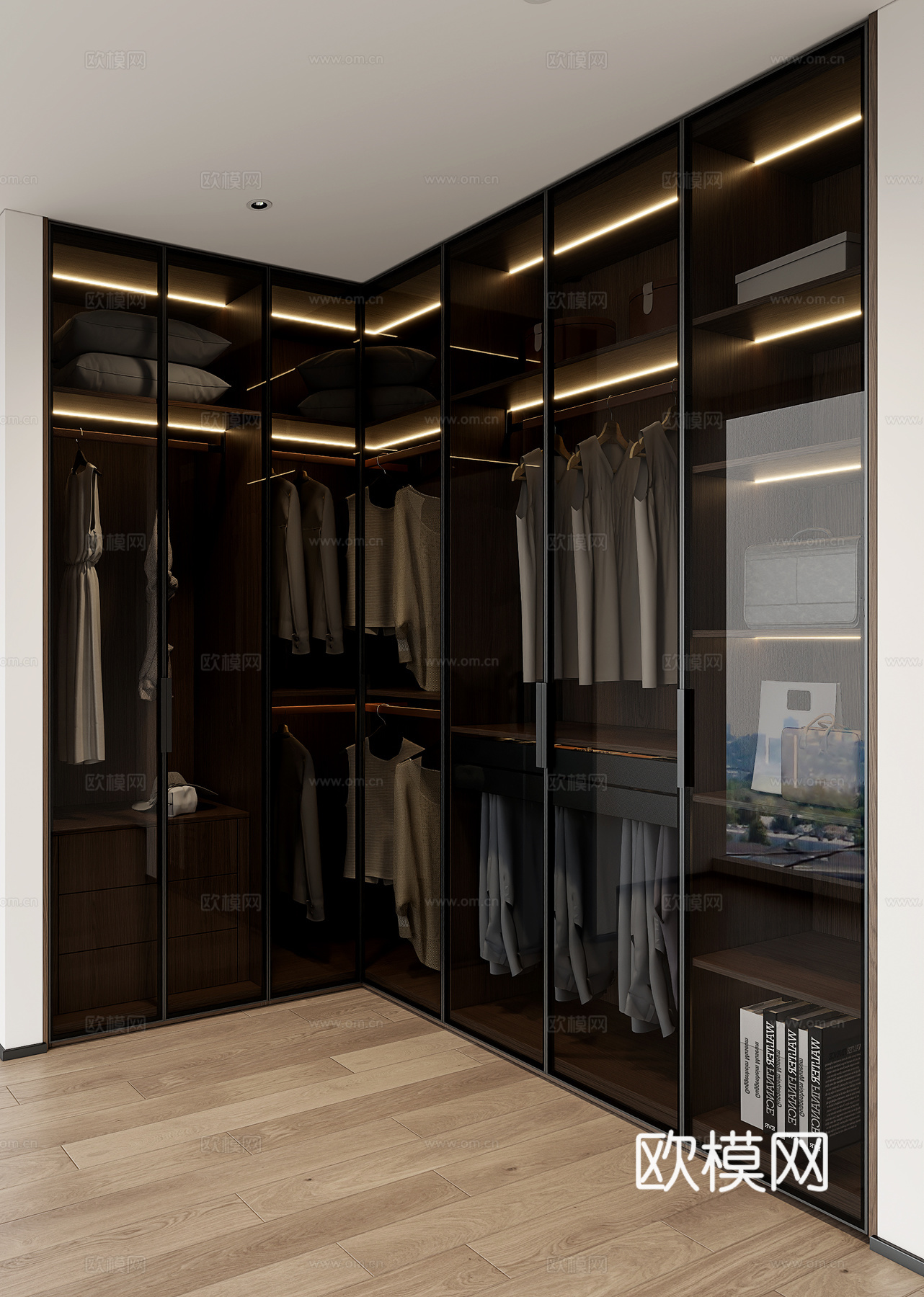 现代转角衣帽间 玻璃门衣柜  转角衣柜  L型转角衣帽间3d模型下载