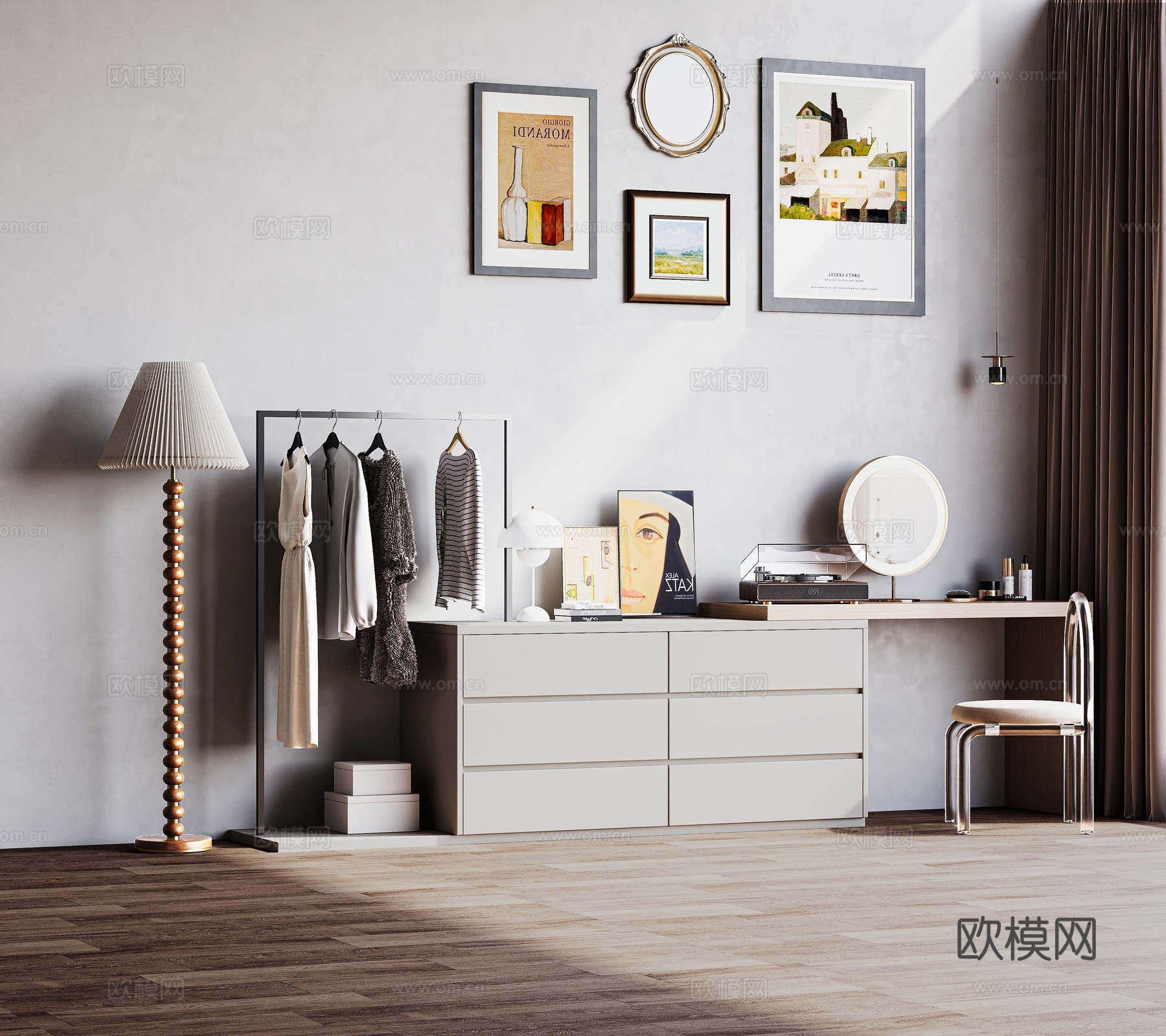 最新梳妆台网红爆款五斗柜卧室现代小红书款梳妆台收纳衣架一体3d模型下载（渲染图2）