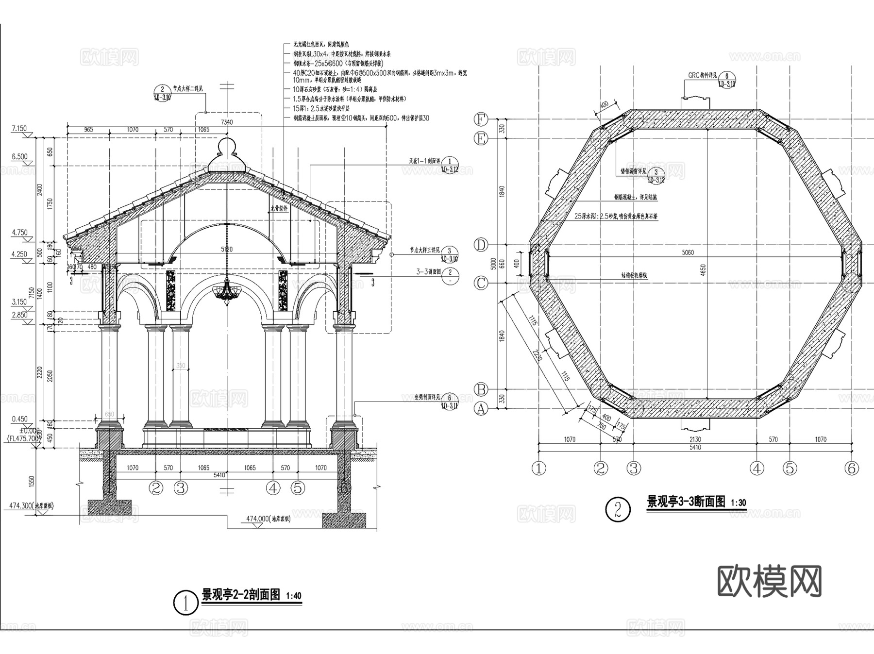 欧式新古典六角景观亭CAD施工图+SU模型cad施工图