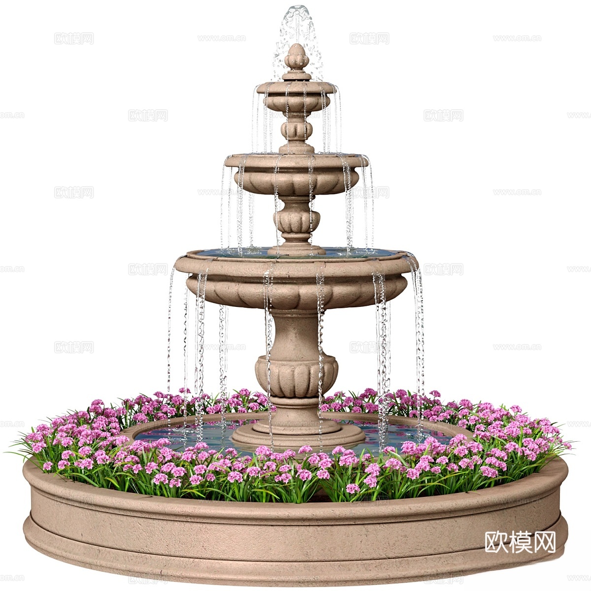 经典花园石灰华户外喷泉带火焰3d模型下载