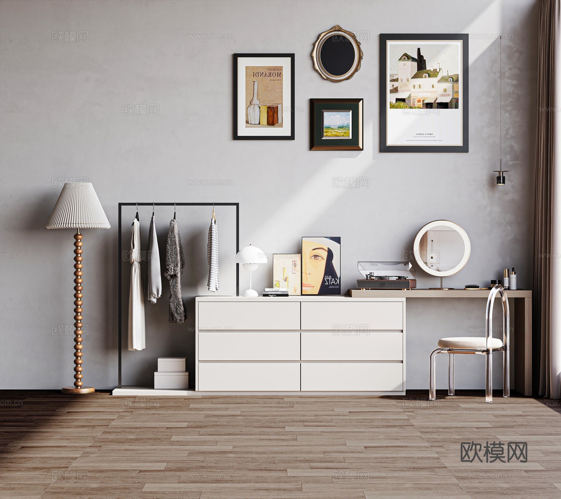 最新梳妆台网红爆款五斗柜卧室现代小红书款梳妆台收纳衣架一体3d模型下载（渲染图1）