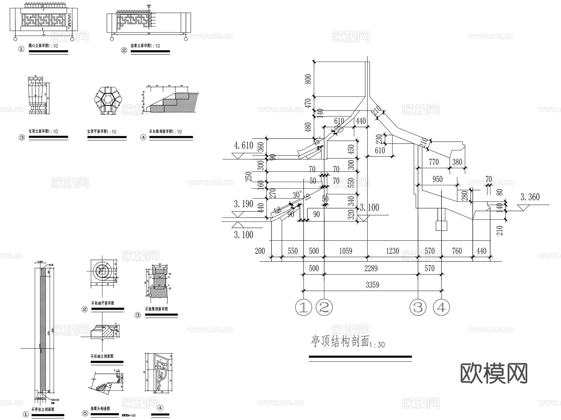 楼亭休闲景观亭CAD施工图详图集 3套cad施工图