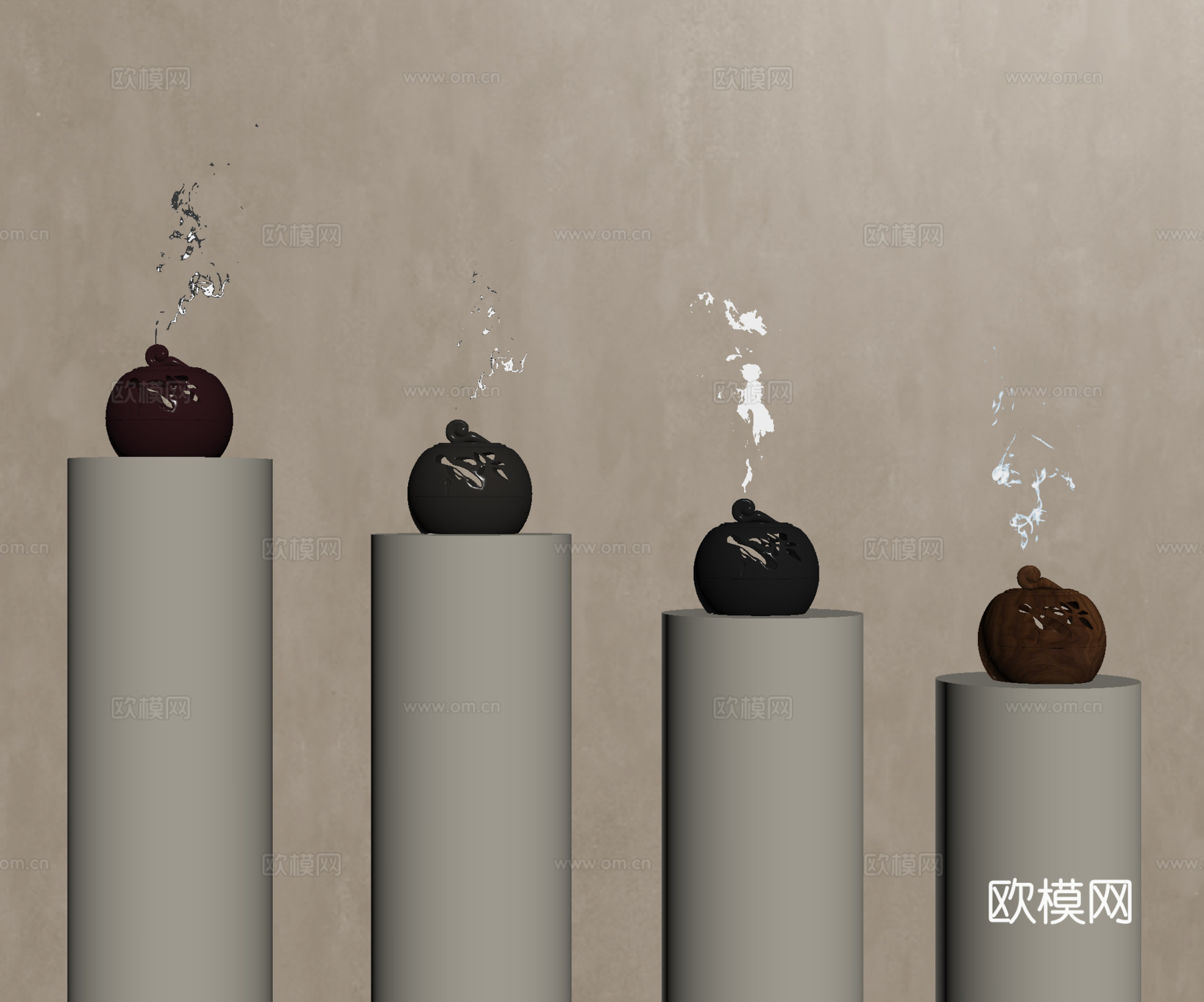 新中式摆件组合 烟雾 香薰炉su模型