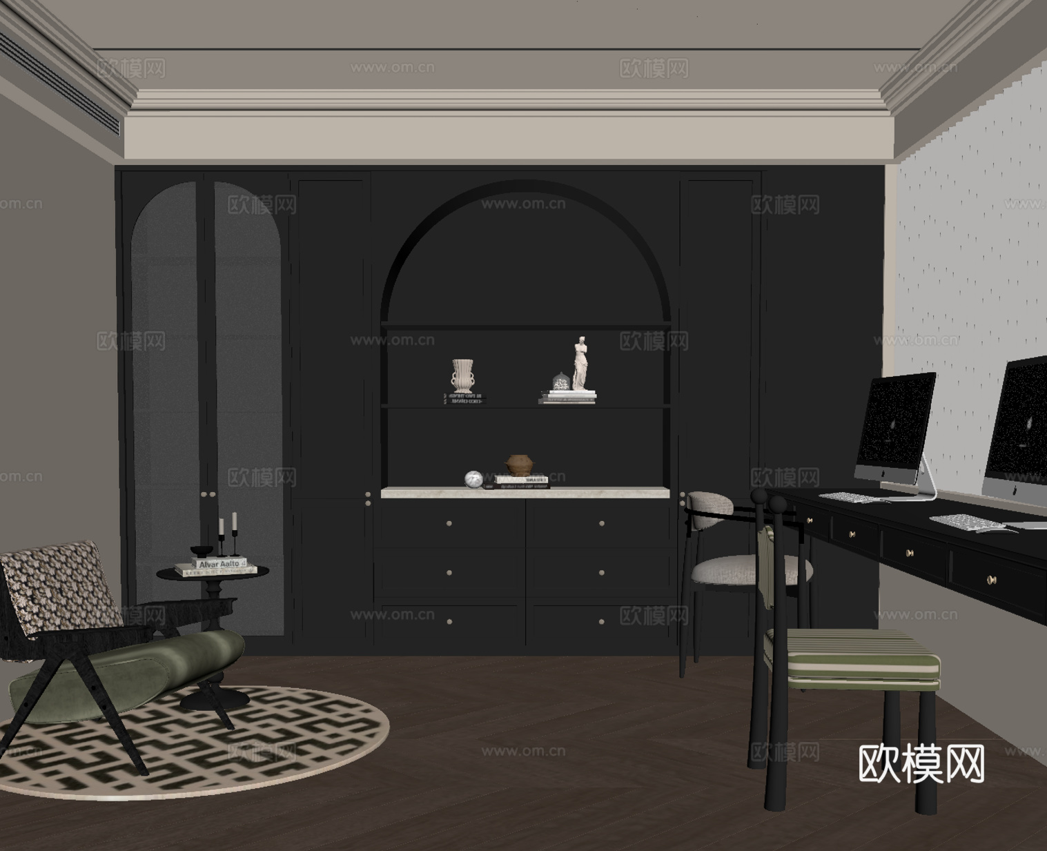 中古风书房 书桌椅 休闲椅su模型