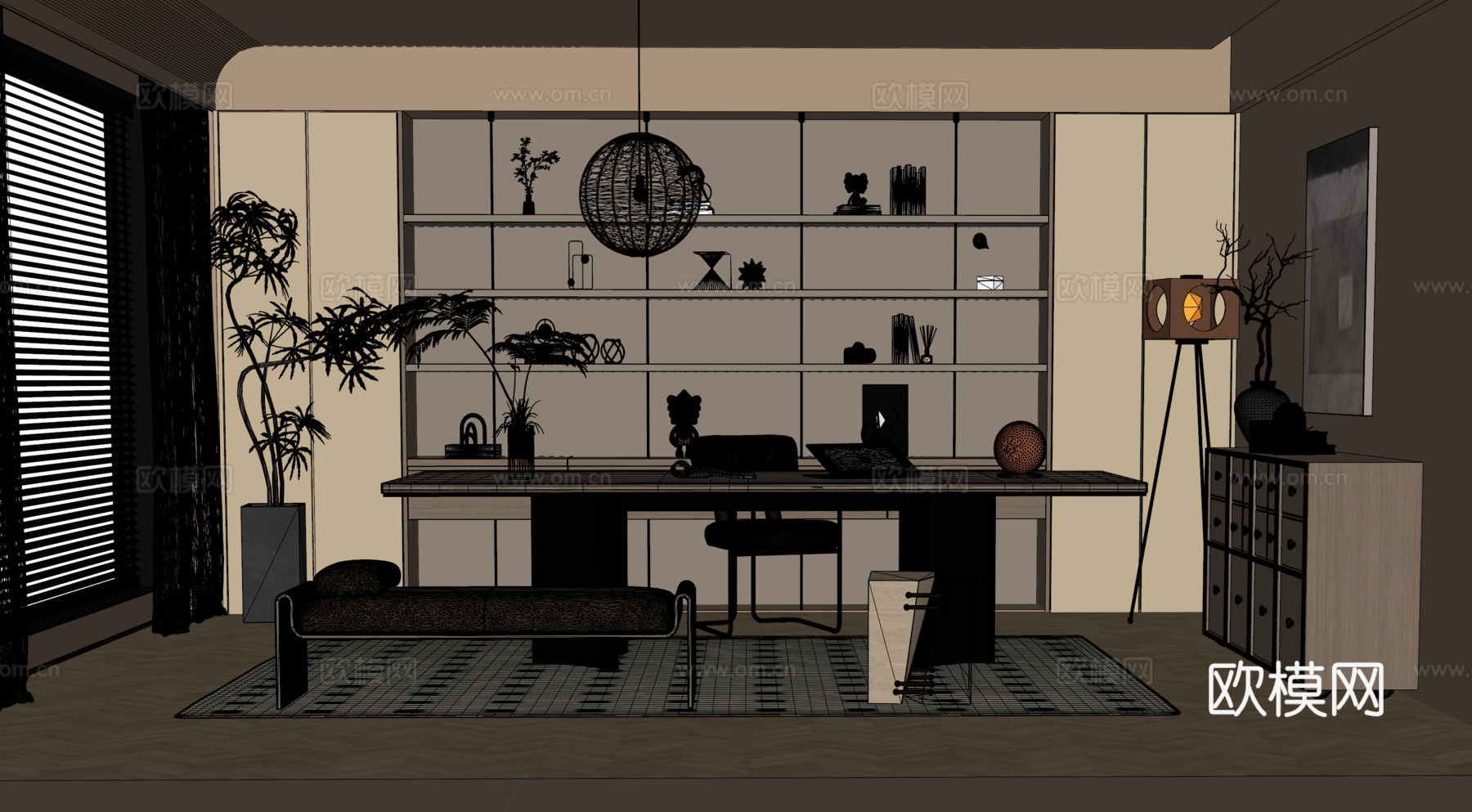 现代中古风书房 书柜 书桌椅 边柜 装饰画su模型