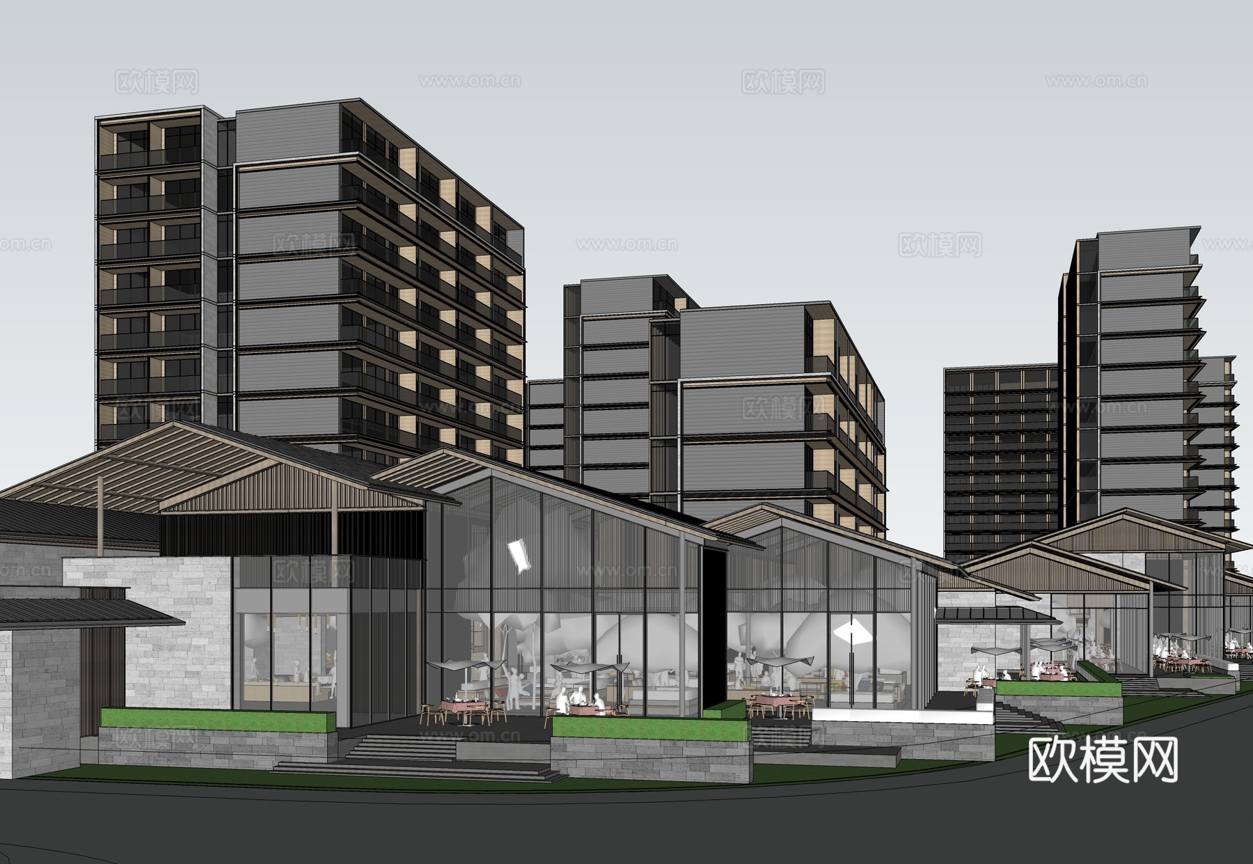 现代社区活动中心建筑 社区服务中心 办公建筑su模型
