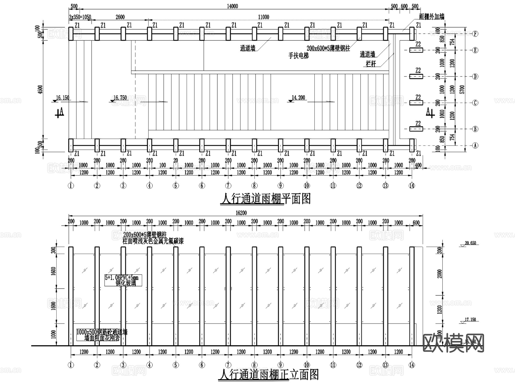 入口门头遮雨棚雨篷节点大样CAD施工详图集 15套cad施工图