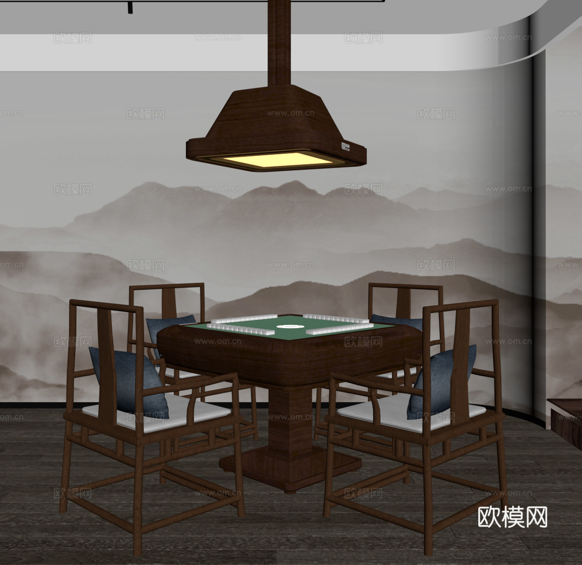 新中式棋牌室 麻将房 娱乐桌su模型
