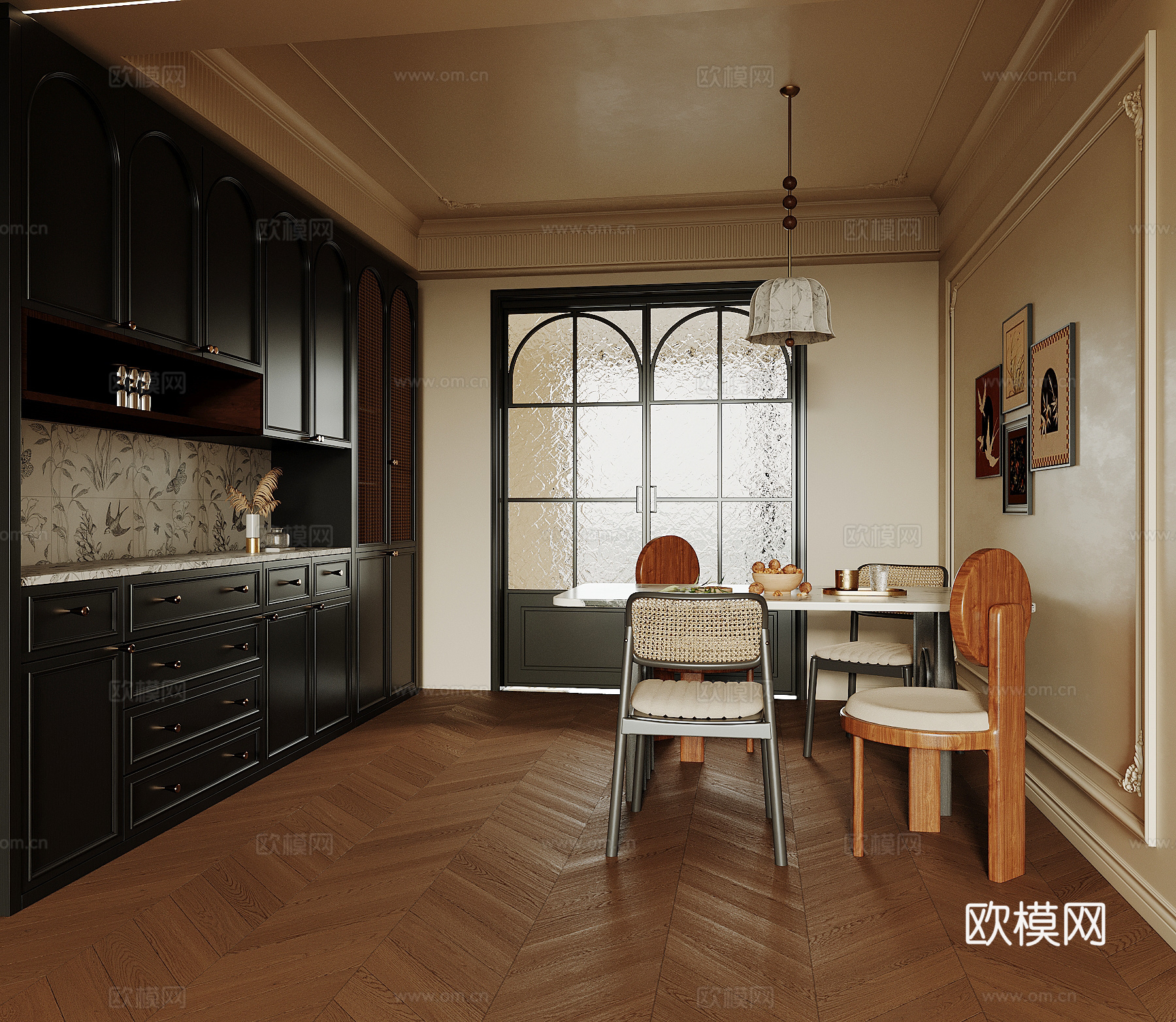 中古风餐厅 酒柜 餐桌椅su模型