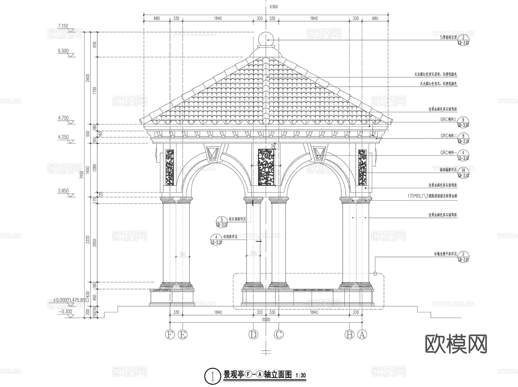 欧式新古典六角景观亭CAD施工图+SU模型cad施工图