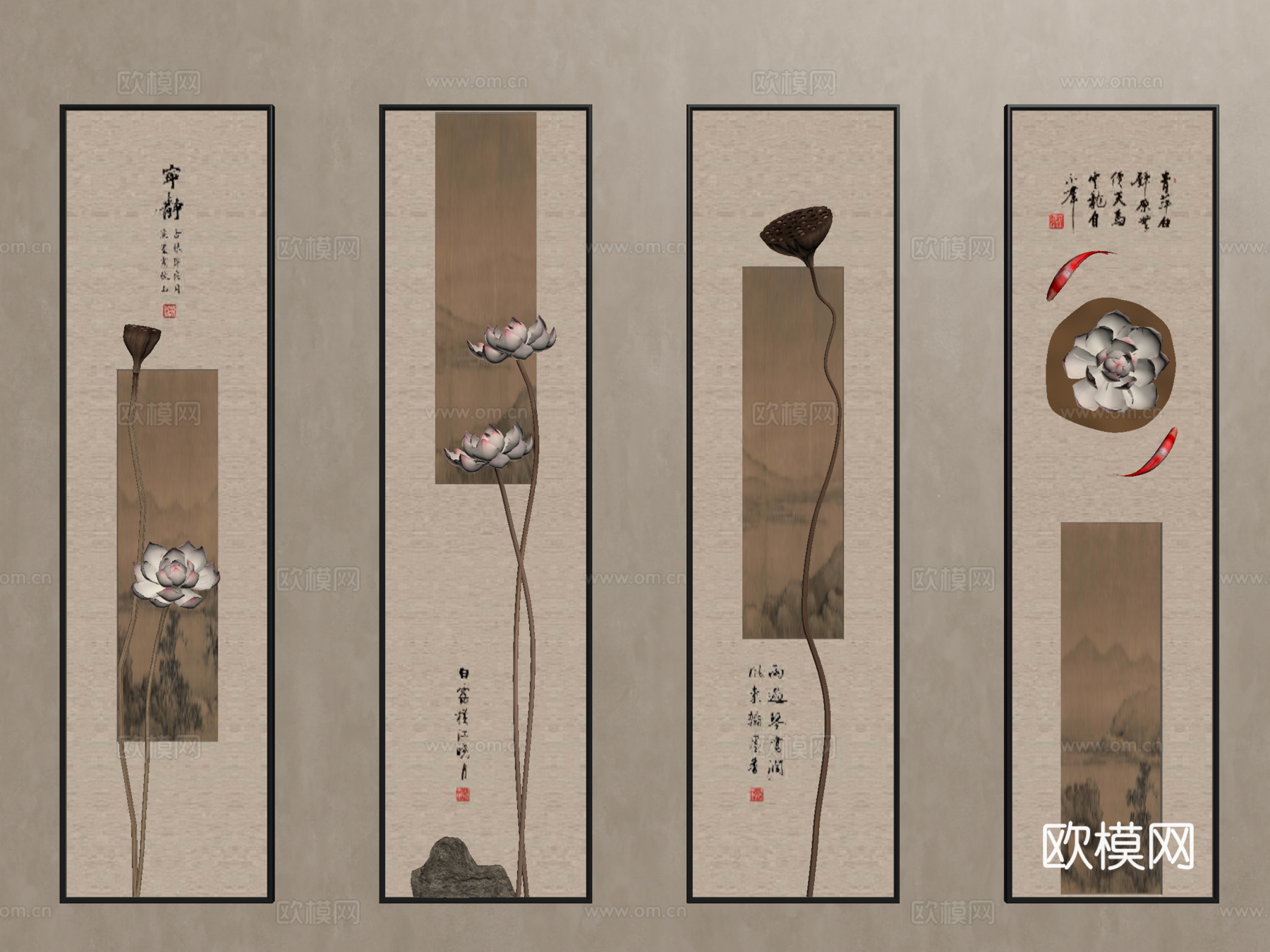 新中式挂画 立体墙饰 装饰画 挂画su模型