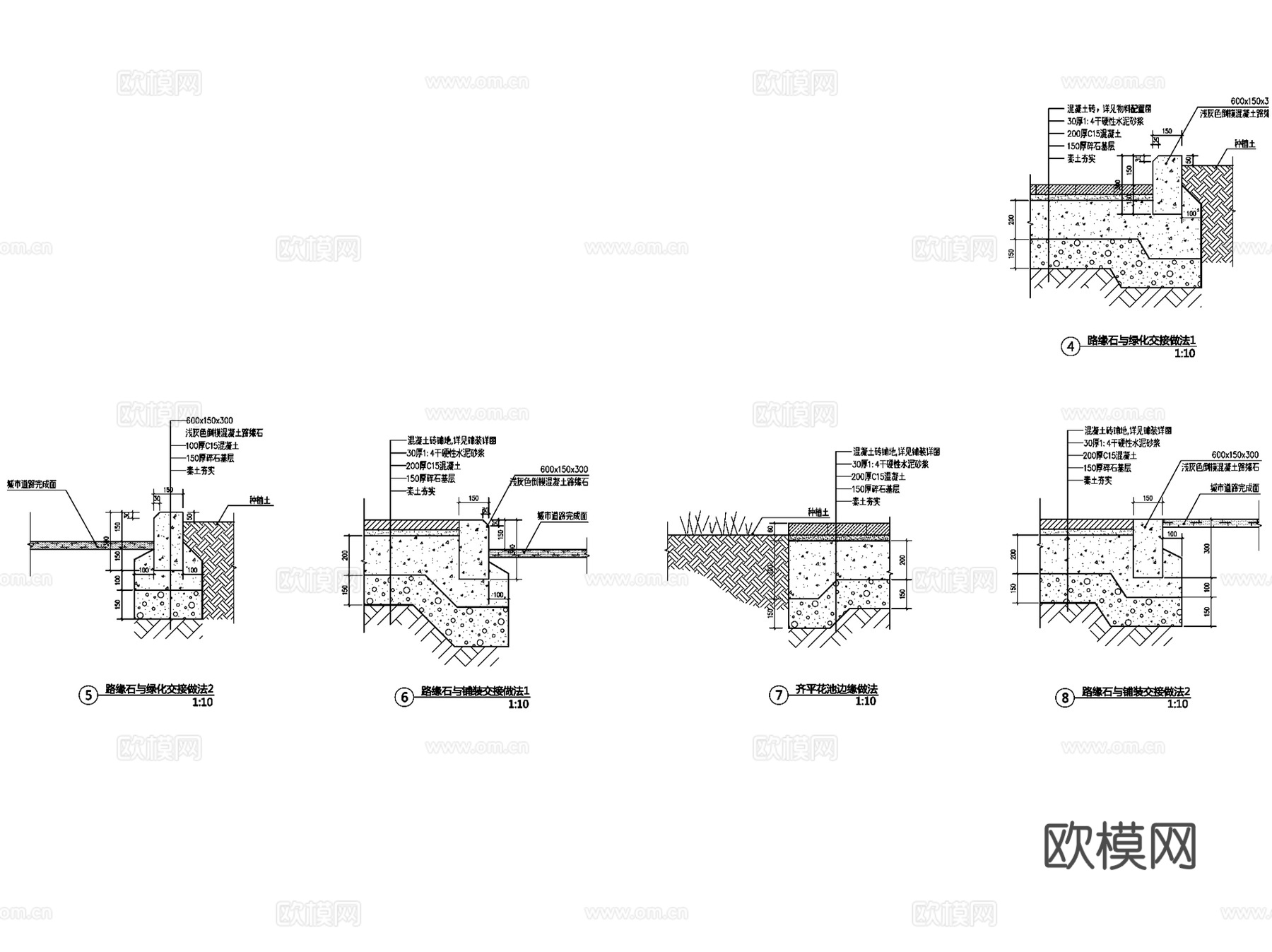 路缘石侧石做法详图景观CAD施工图集 7套cad施工图