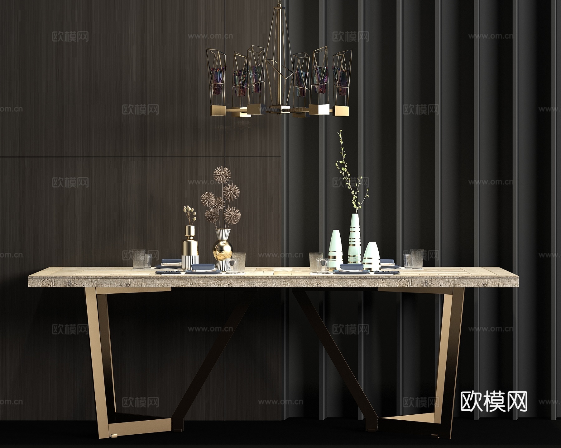 工业风金属实木餐桌餐具吊灯饰品组合3d模型