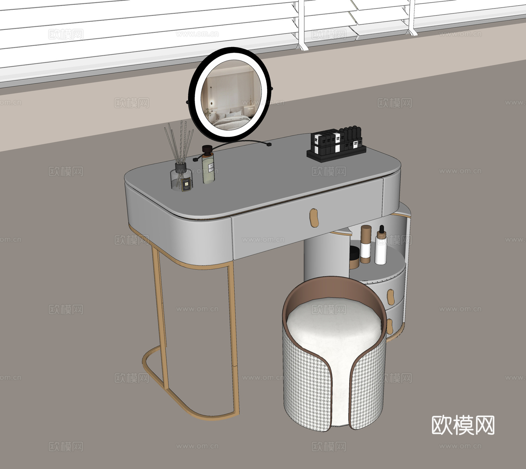 梳妆台 化妆品 镜子 凳子 首饰su模型