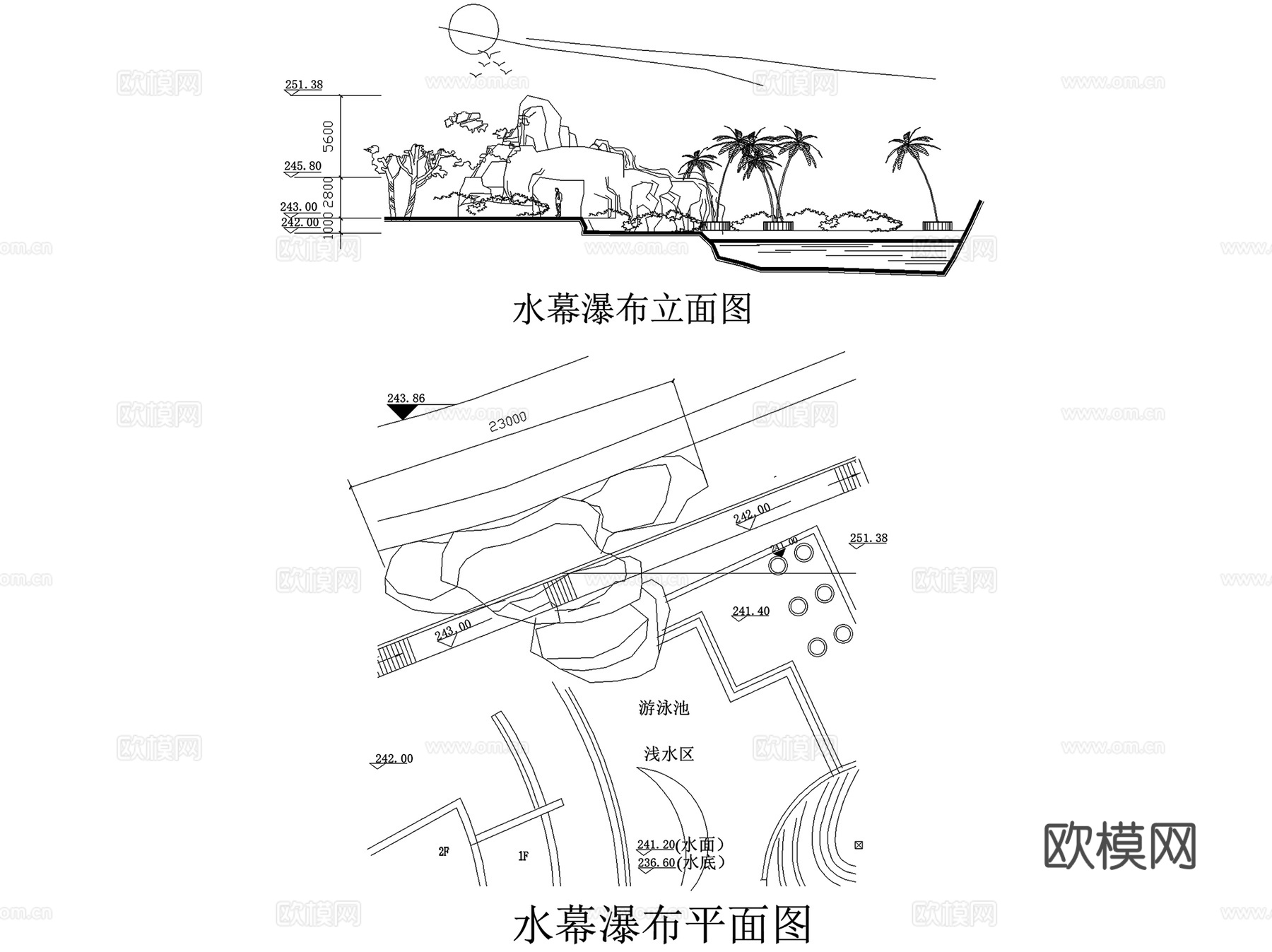 瀑布水帘水幕景观水景节点CAD施工图集 7套cad施工图