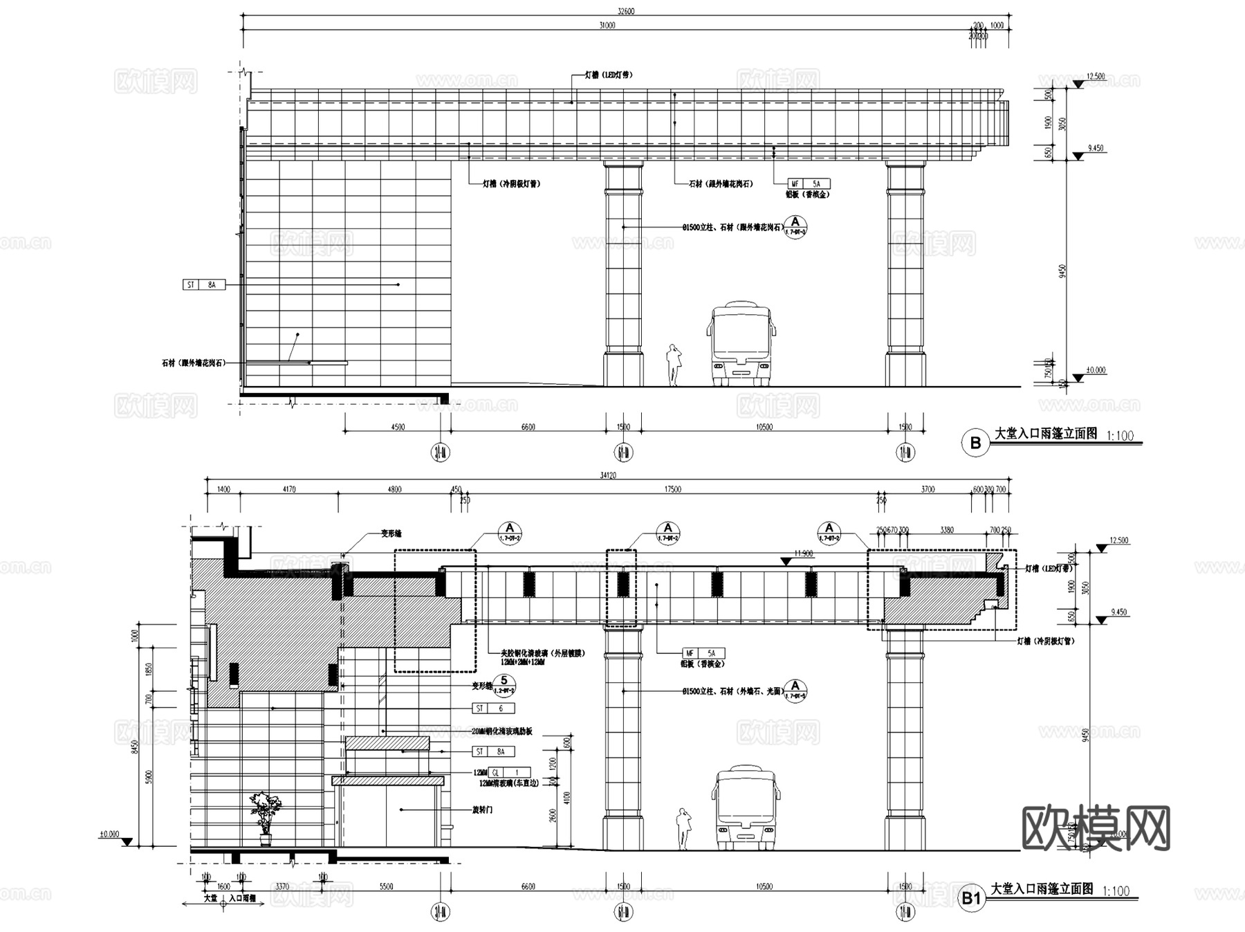 入口门头遮雨棚雨篷节点大样CAD施工详图集 15套cad施工图