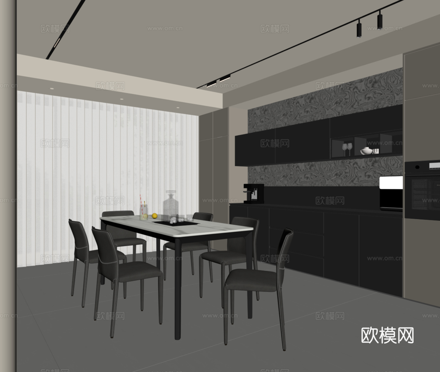 现代意式餐厅 酒柜 餐桌椅su模型