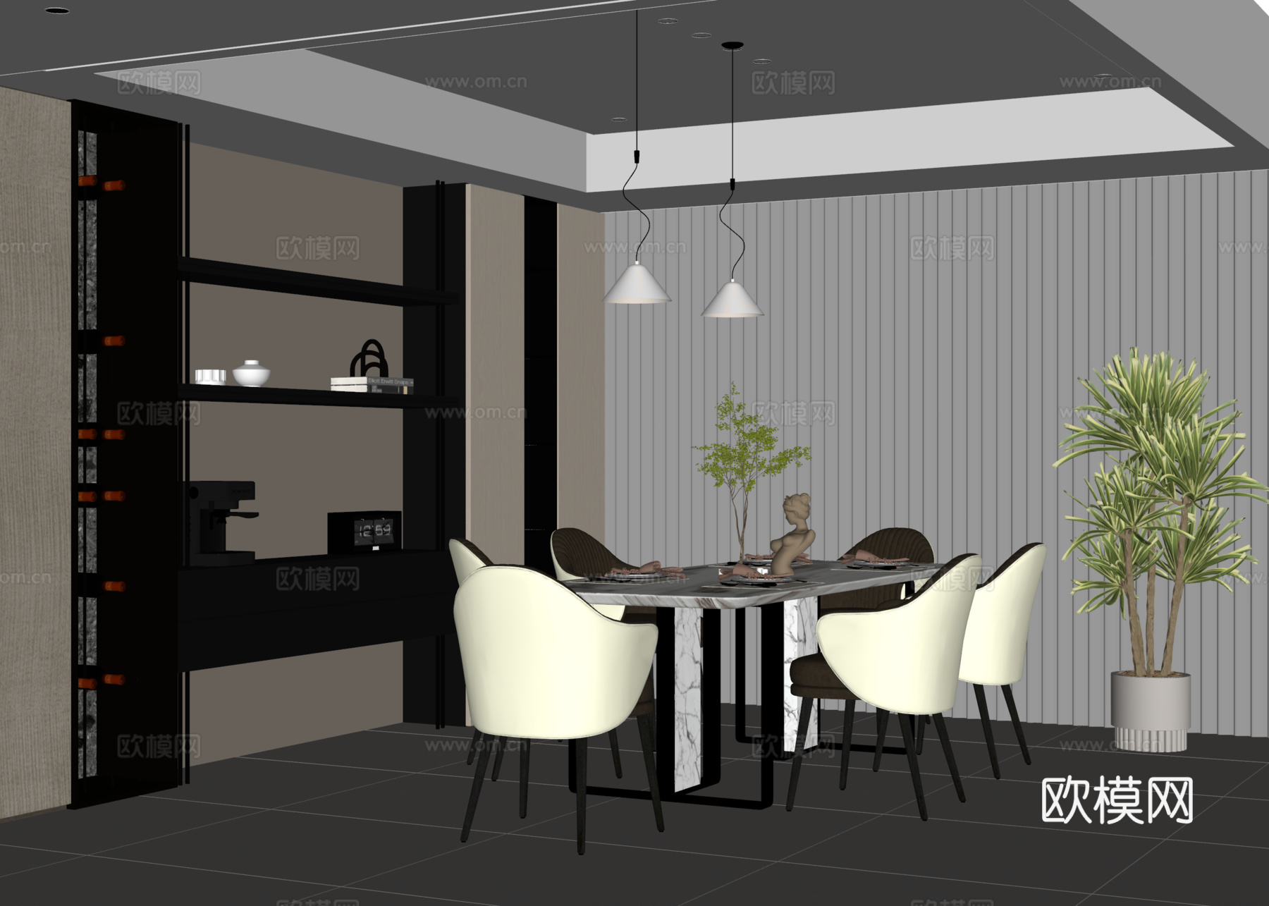 意式现代餐厅 餐边柜 餐桌椅 绿植盆栽 酒柜餐边柜su模型